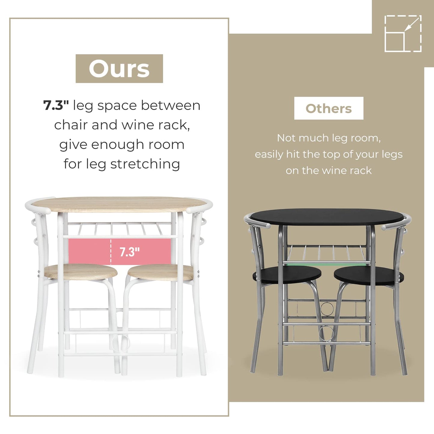 VINGLI 3 Piece Dining Set,Small Kitchen Table Set for 2,Breakfast Table Set,Kitchen Wooden Table and 2 Chairs for Small Space/Dining Room/Apartment,Metal Frame,Wine Rack,White&Light Oak