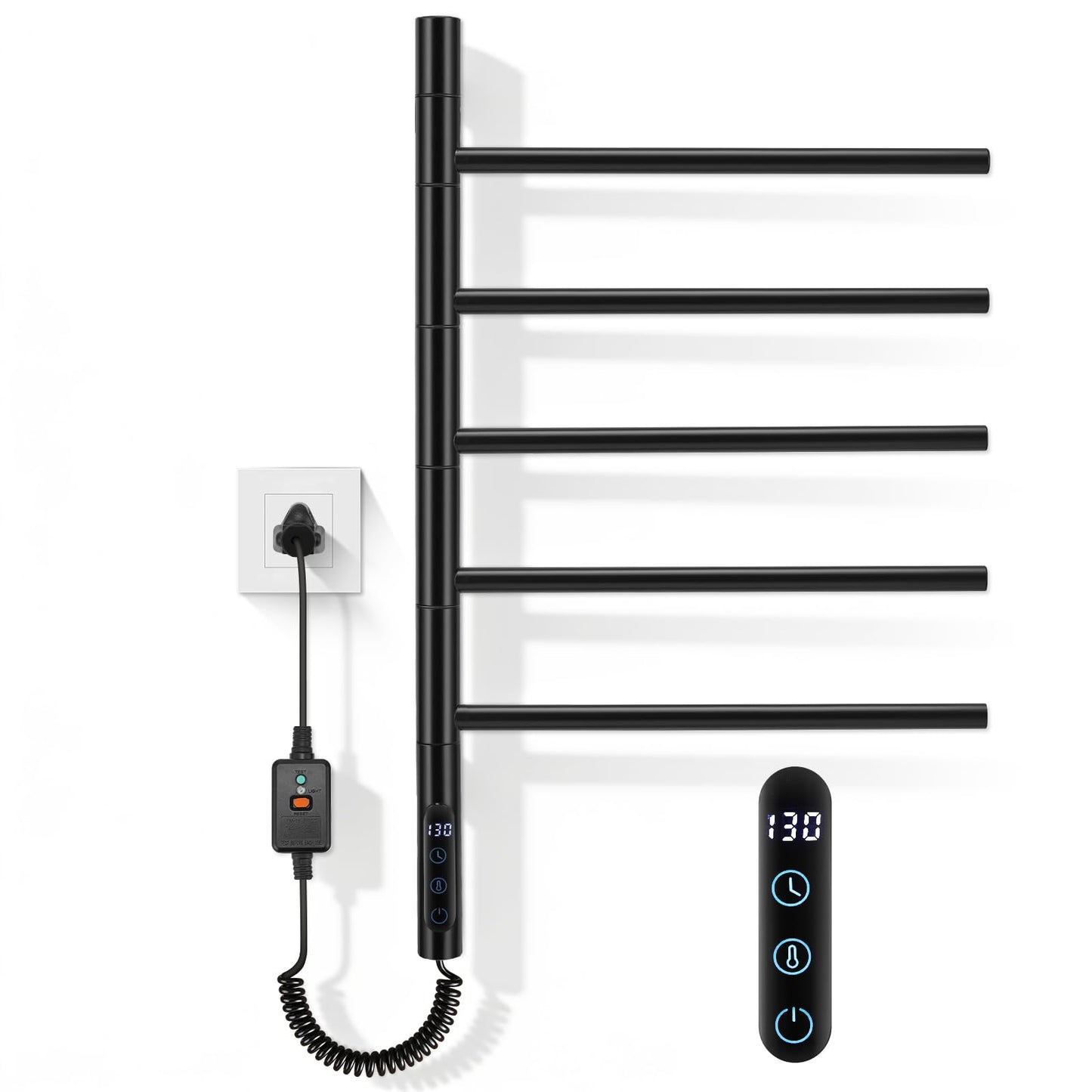 Swivel Heated Towel Rack, 180° Rotating, 5 Bars, Wall-Mounted, Electric Towel Warmer with Touch Panel, 1H-9H Timer, Temperature Regulation for Bathroom, Home, Salons and Spas