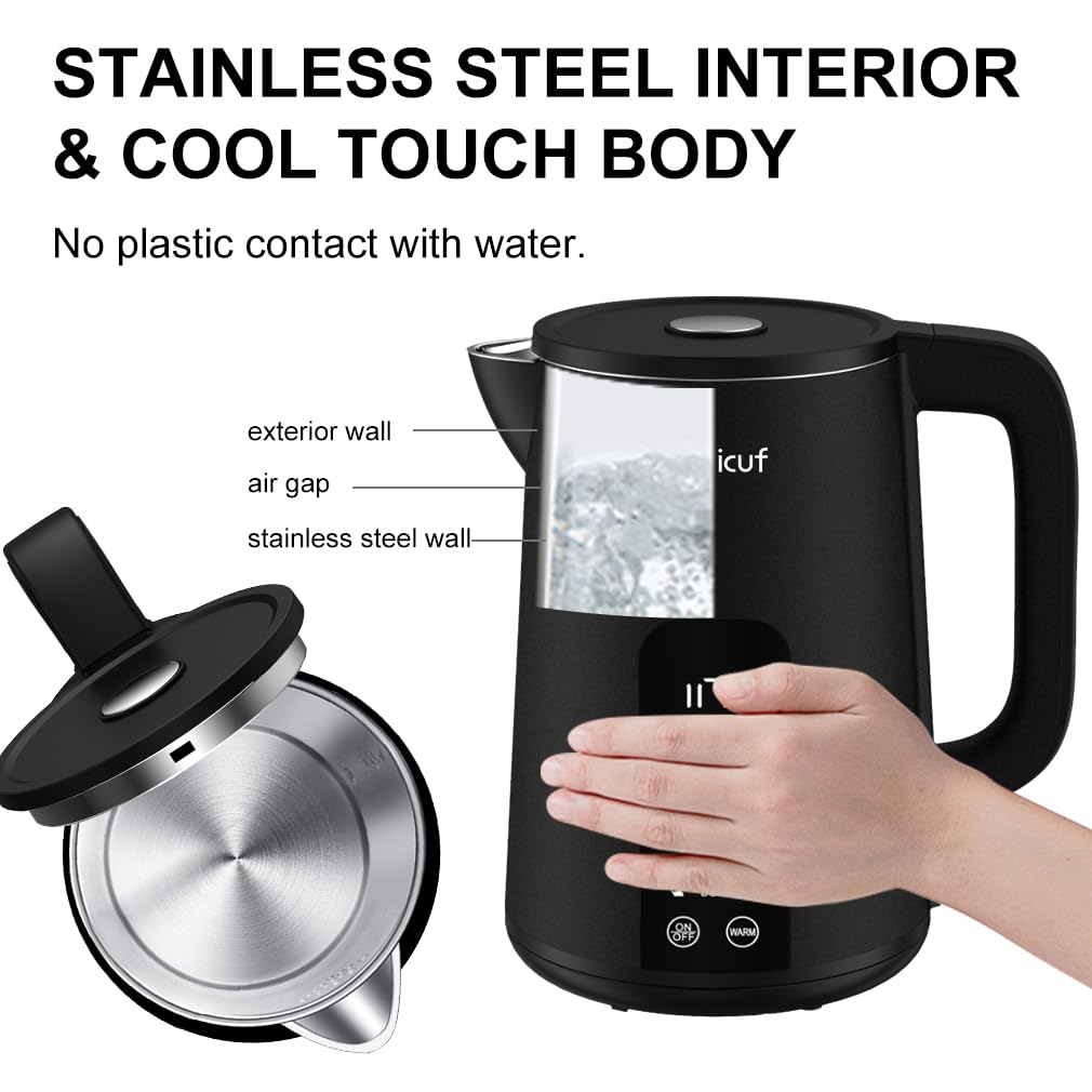 Onlicuf Electric Tea Kettle with Double Wall Cool Touch，1.7L Water Boiler Heater with Temperature Control，Stainless Steel Boiling Teapot, Digital Touch-Screen, Cordless, BPA-Free, Matte Black