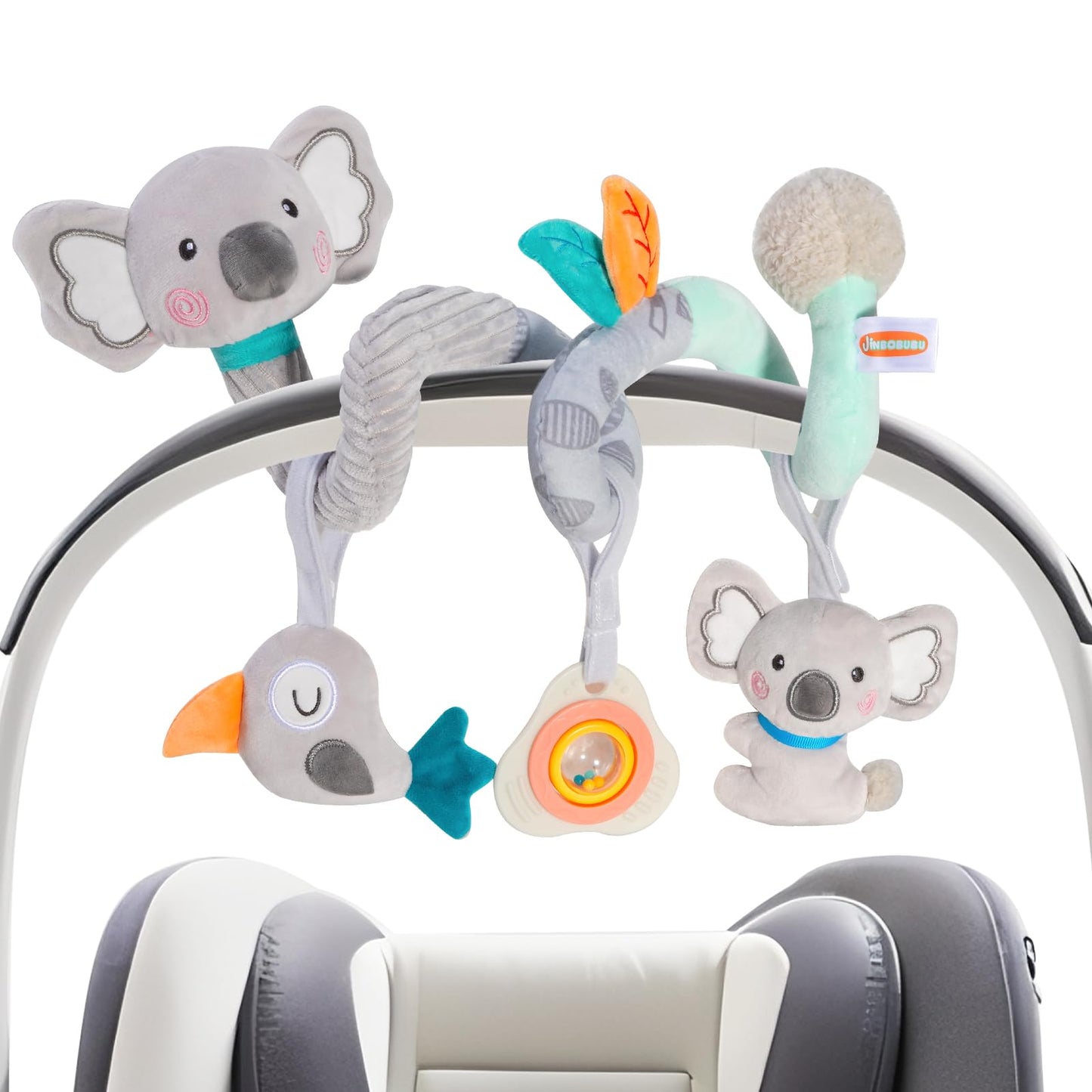 JINBOBUBU Baby Spiral Car Seat Toy, Stroller Hanging Sensory Toy for Newborn 0-12 Months, Soft Plush with Rattle Crinkle Teether, Koala Bird Activity Toy for Infant Boys Girls