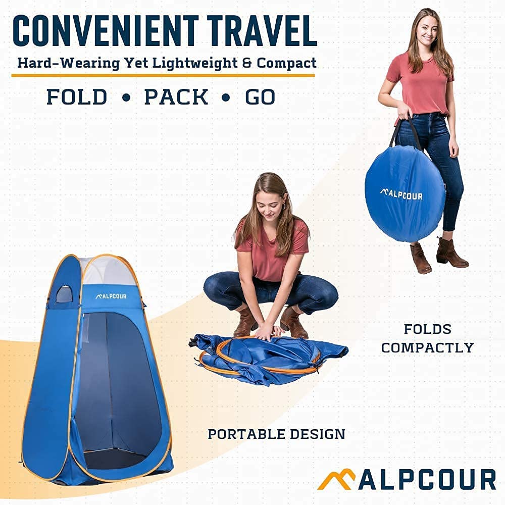Alpcour Portable Toilet w/ Pop Up Tent - Compact Indoor & Outdoor Commode, Travel Bag for Camping, RV, Boat & More - Privacy Tent for Portable Toilet, Shower and Changing Room