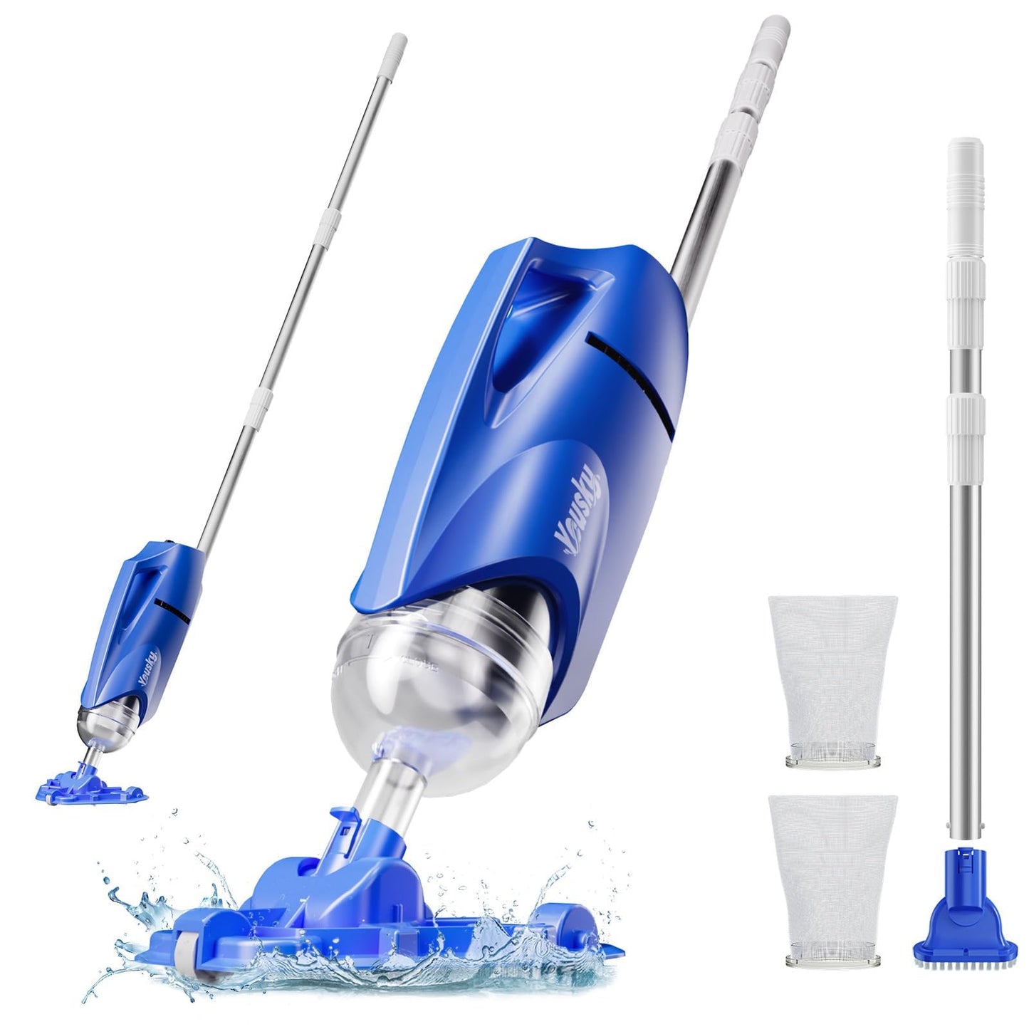 Pool Vacuum for Above Ground Pool 18.5GPM Suction- Upgraded Cordless Handheld Rechargeable Pool Cleaner w/Telescopic Pole(20-69in), 2 Brush Heads Ideal for Inground Pools Spas Hot Tubs