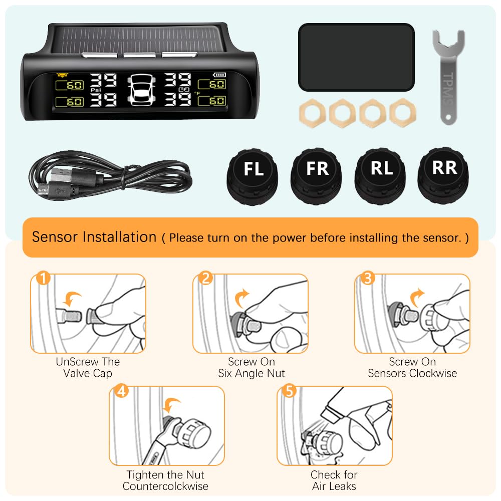 Tire Pressure Monitoring System - TPMS Tire Pressure Monitor System with Solar Charger, TPMS with 4 External sensors & 5 Alarm Modes, LCD Real-time Display, Auto Sleep Mode, Easy to Install