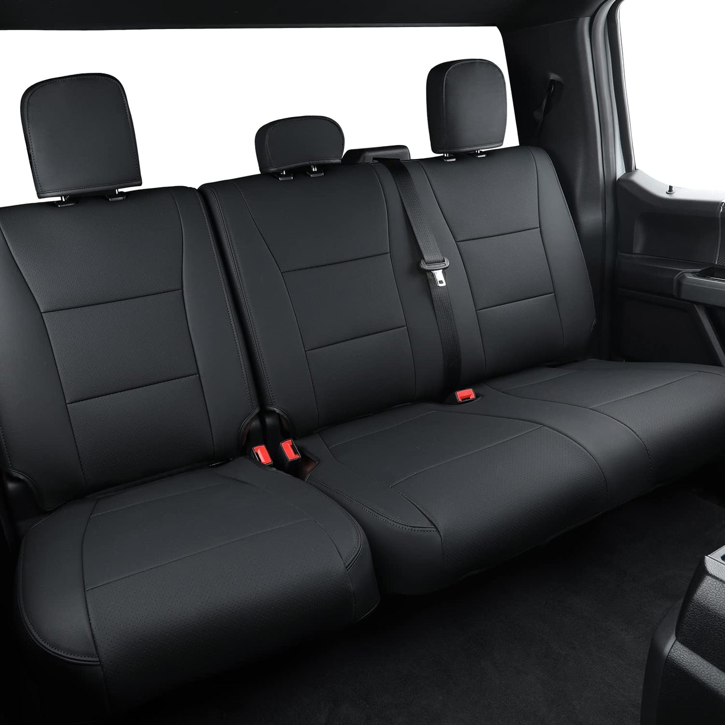 Covertopia F150 Faux Leather Seat Covers, Custom fit 2015-2024 2025 Ford F150 SuperCrew, and 2017-2024 2025 F250 F350 F450 Super Duty Crew Cab(Full Set, Black)