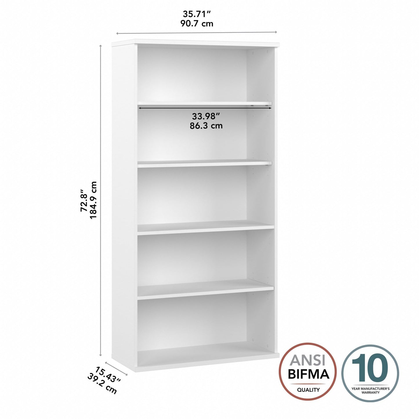 Bush Furniture Studio C Tall 5 Shelf Bookcase in White, Large Bookshelf for Home or Professional Office