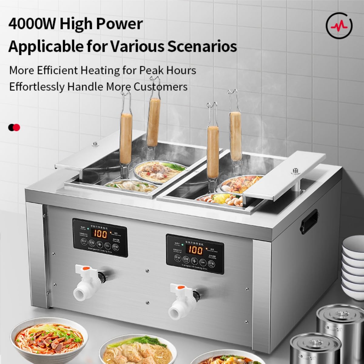 Koalalko Auto-lift Commercial Pasta Cooker with Timer, Noodle Cooking Machine with 2 Drainage,Macaroni Vegetable Dumpling Cooker,Boiler For Spaghetti Ramen,Temperature Adjustable (4 holes)