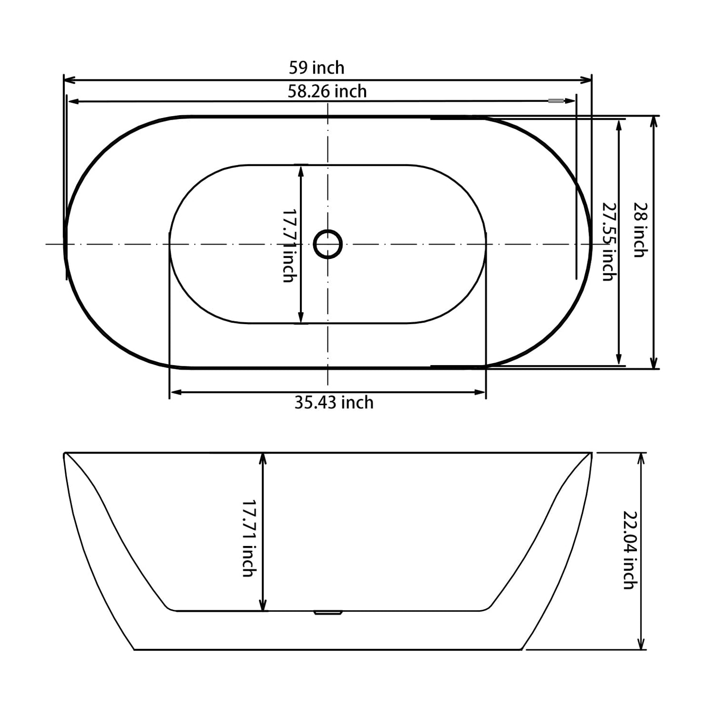Mokleba 59" Acrylic Freestanding Bathtub，Double Ended Shape lozenge texture Bathtub with Integrated Slotted Overflow, Toe-Tap Chrome Drain, cUPC Certified,Black