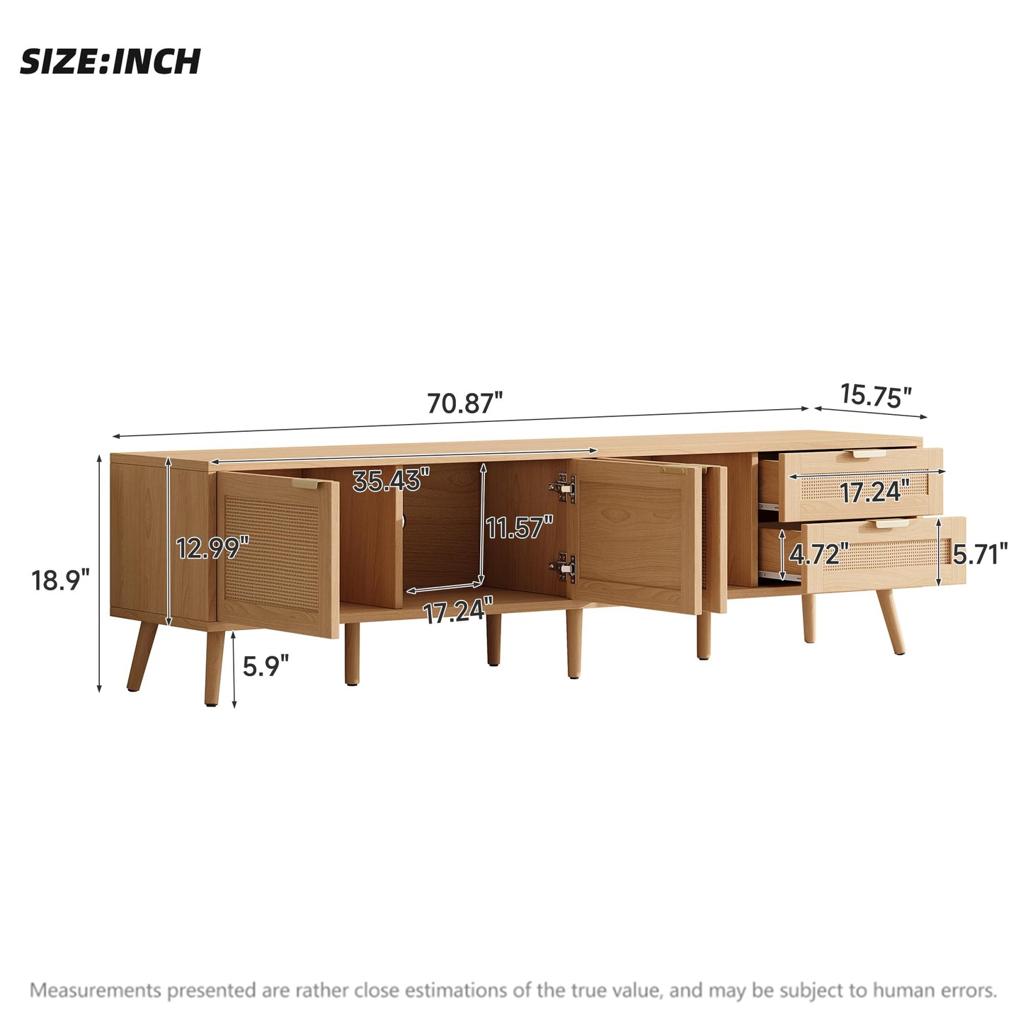 Merax 70inch Modern TV Stand with Rattan Doors for TVs up to 80", Media Console with Storage Space, 2 Drawers & Cable Holes, Entertainment Center for Living Room, Natural Wood