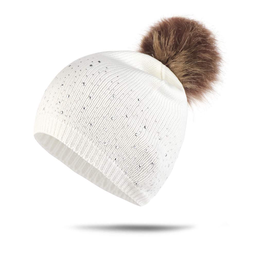 Ulalaza Sparkle Cable Knit Hat Pom Pom Beanie Skull Stocking Hat Cuff Beanie Cap for Ladies