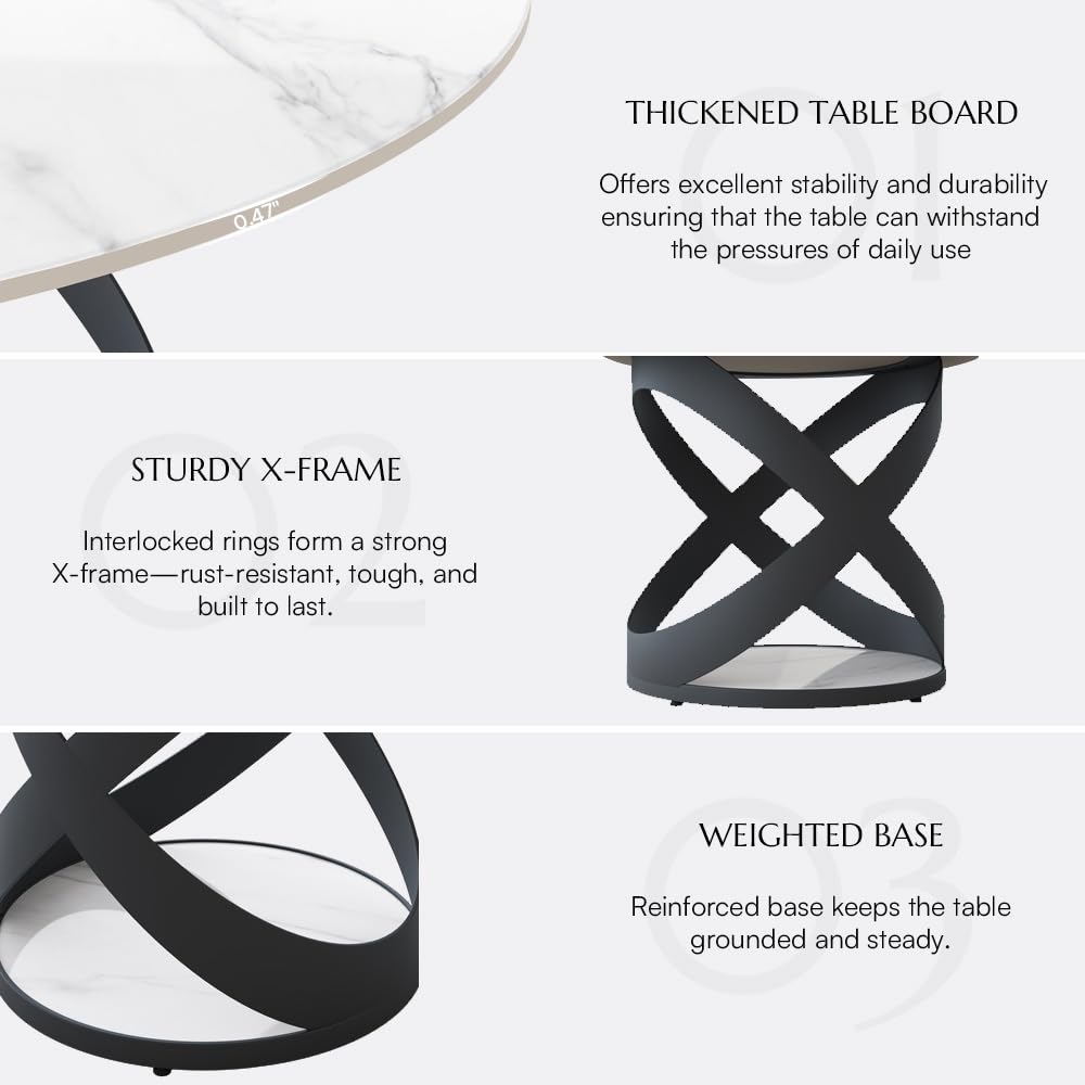 POVISON 51" Modern Dining Table, Glossy White Round Dining Table for 6, Sintered Stone Dining Tabletop with Black X Carbon Steel Base (Table Only)