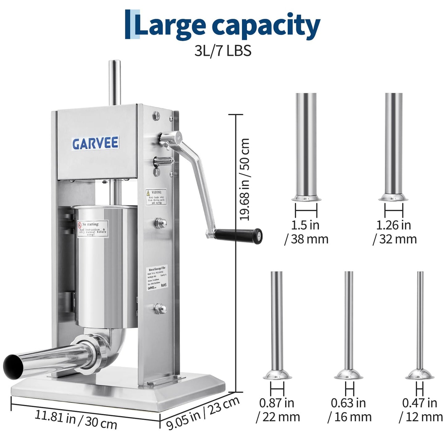 Garvee 7LB/3L Sausage Stuffer - 304 Stainless Steel Manual Sausage Maker with 2-Speed Gear & Torque Adjustment - Includes 5 Filling Tubes & Cleaning Kit for Home and Commercial Use
