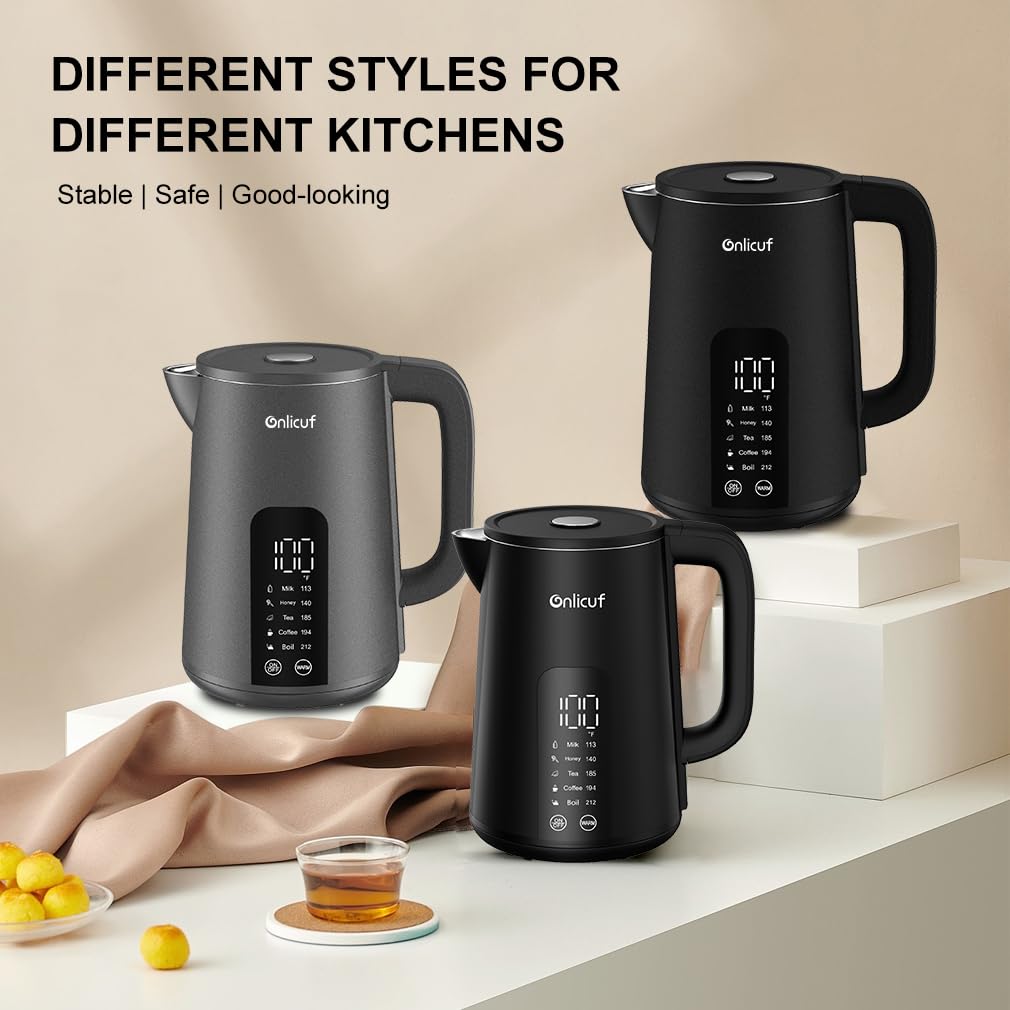 Onlicuf Electric Tea Kettle with Double Wall Cool Touch，1.7L Water Boiler Heater with Temperature Control，Stainless Steel Boiling Teapot, Digital Touch-Screen, Cordless, BPA-Free, Matte Black