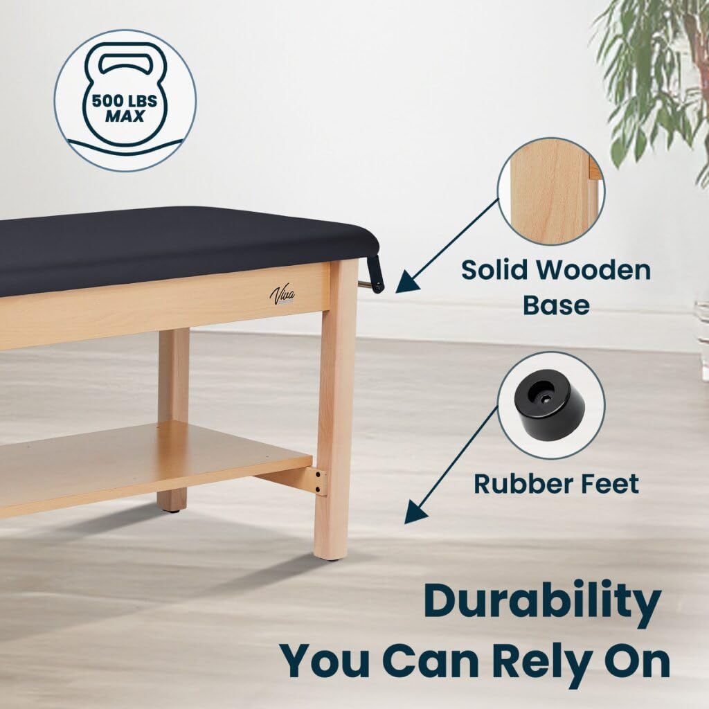 Vivacomfort Aristo H-Brace Wooden Flat Treatment Table with Shelf, 500 lbs Weight Capacity, Black