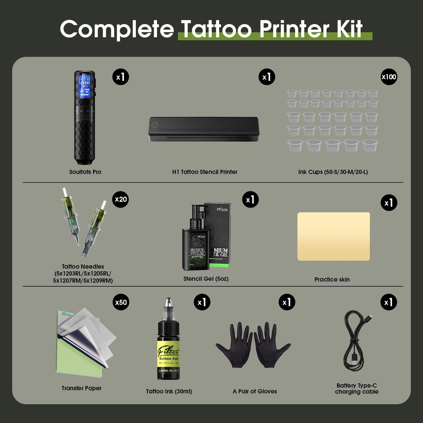 Tattoo Printer Kit - Tattoo Stencil Printer Machine with 6 Strokes 2.5-4.8mm Tattoo Gun, 1600mAh Power Supply, 20Pcs Tattoo Cartridge Needles for Beginners and Artists