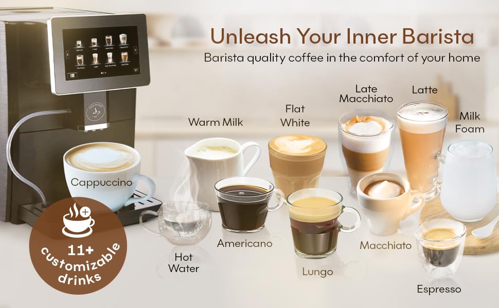 Cafe Bueno Super Automatic Espresso Machine For Home - Coffee Machine With Grinder & Milk Frother For Latte, Cappuccino, Macchiato - Auto Wake & Sleep – All Milk Types