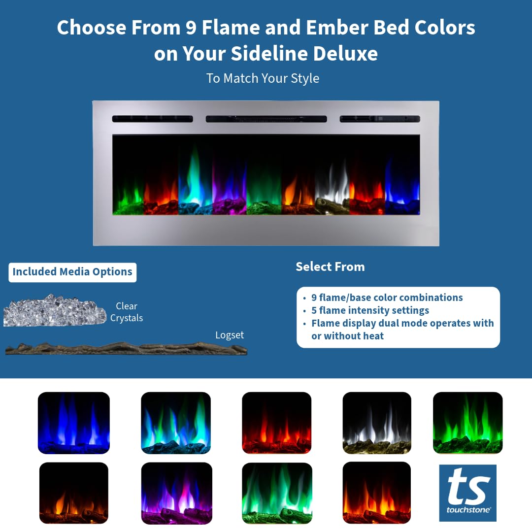 Touchstone Sideline Deluxe -Stainless Steel Smart Electric Fireplace- 60" Wide- Alexa/WiFi-Enabled- in Wall Recessed- 5 Flame Settings- 9 Flame Colors- 1,500W Heater- Log & Crystal Options- 86277