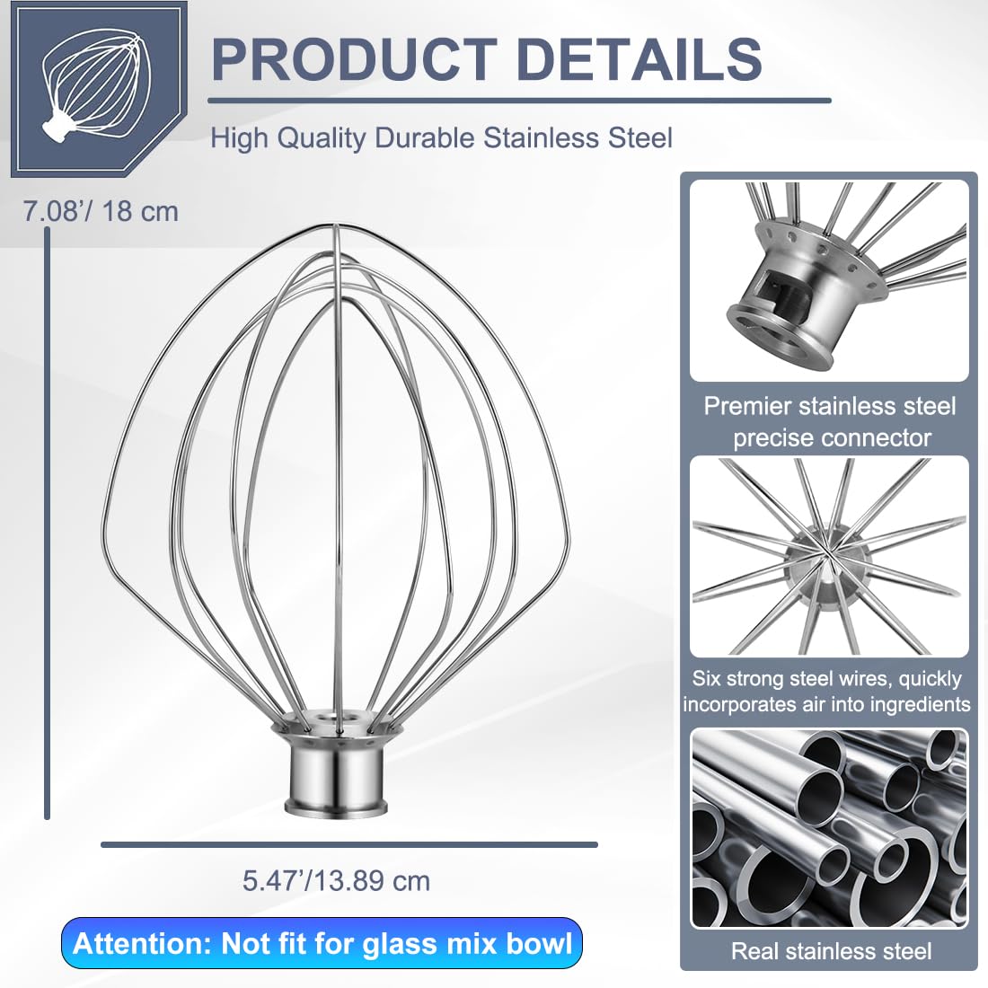 KN256WW Stainless Steel Whisk Attachment for KitchenAid 6 Quart Bowl Lift Stand Mixer 6-Wire Whip Attachment for Kitchenaid Accessories