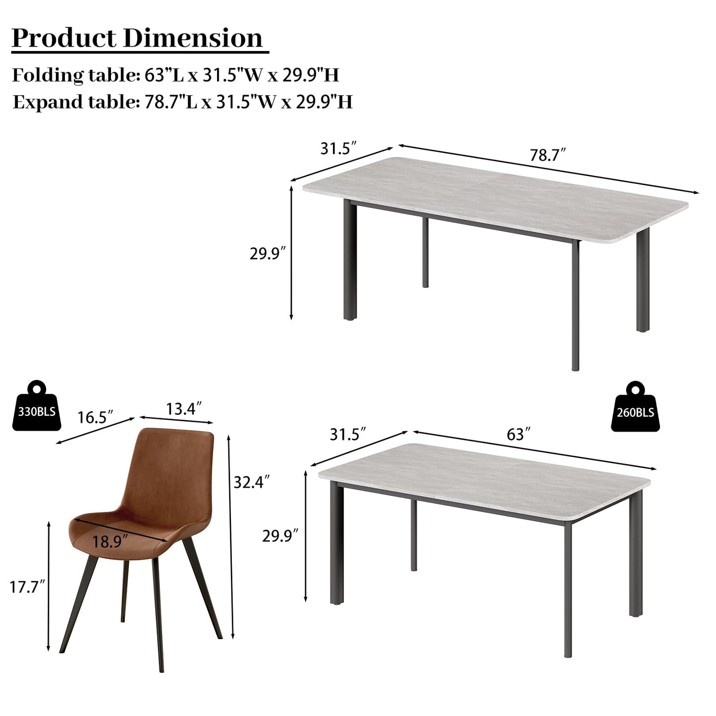 HIPIHOM 63"- 78.7" Extendable Dining Table with 6 Brown Dining Chairs, Modern Kitchen Table Set for 6, Thickened Expandable MDF Wooden Table with Metal Legs for Dining Room, Kitchen, Home