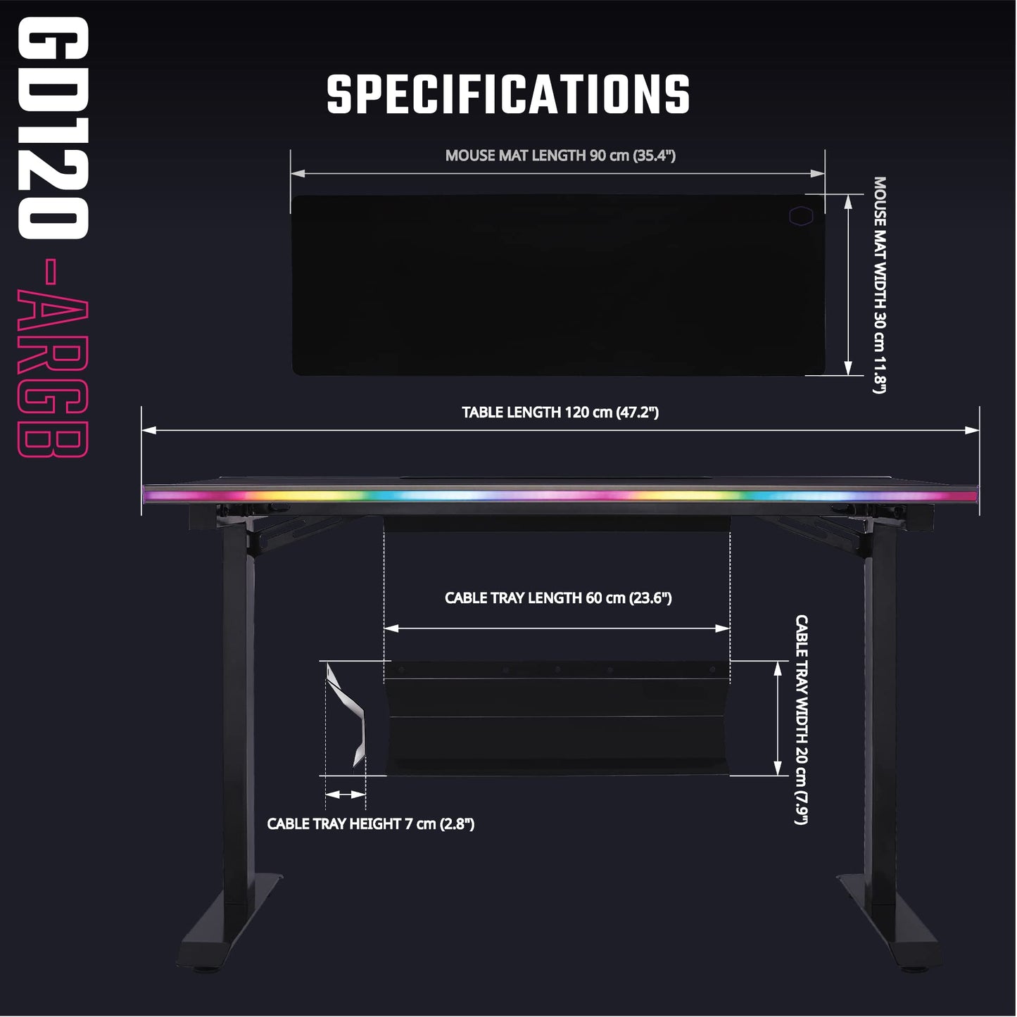 Cooler Master GD120 A1 ARGB 30th Anniversary PC Gaming Desk, Ambient ARGB, Water-Repellent Mousepad, 220lbs Weight Support, 3 Height Levels, Cable Management Tray, 47.2Dx29.5W Workstation|Home Office