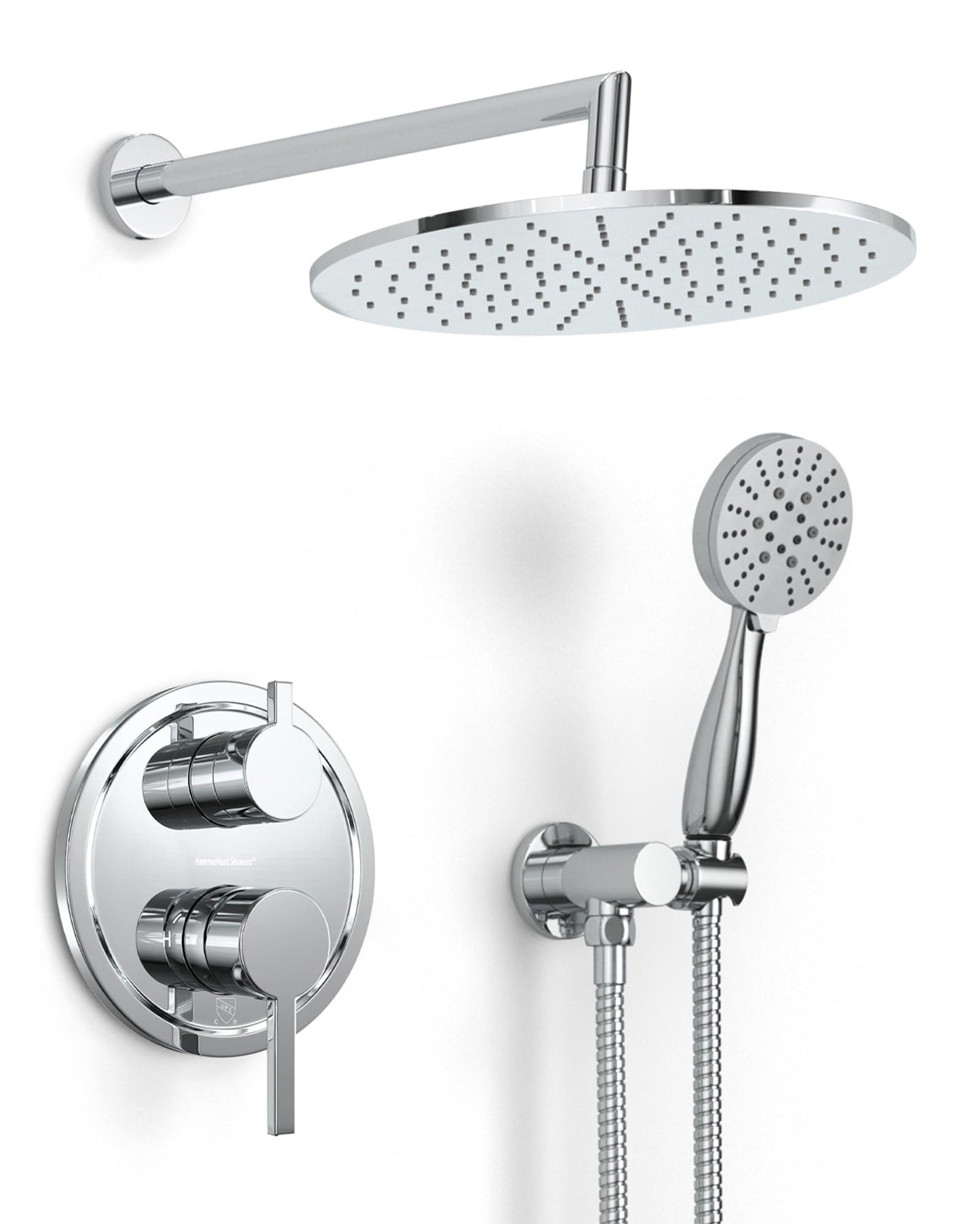 HammerHead Solid Metal Rain Shower System Set with Handheld and 10" Rainfall Head, Shower Valve and Trim Kit, 2-Handle Shower Faucet Set with 2 Way Diverter Body – Chrome