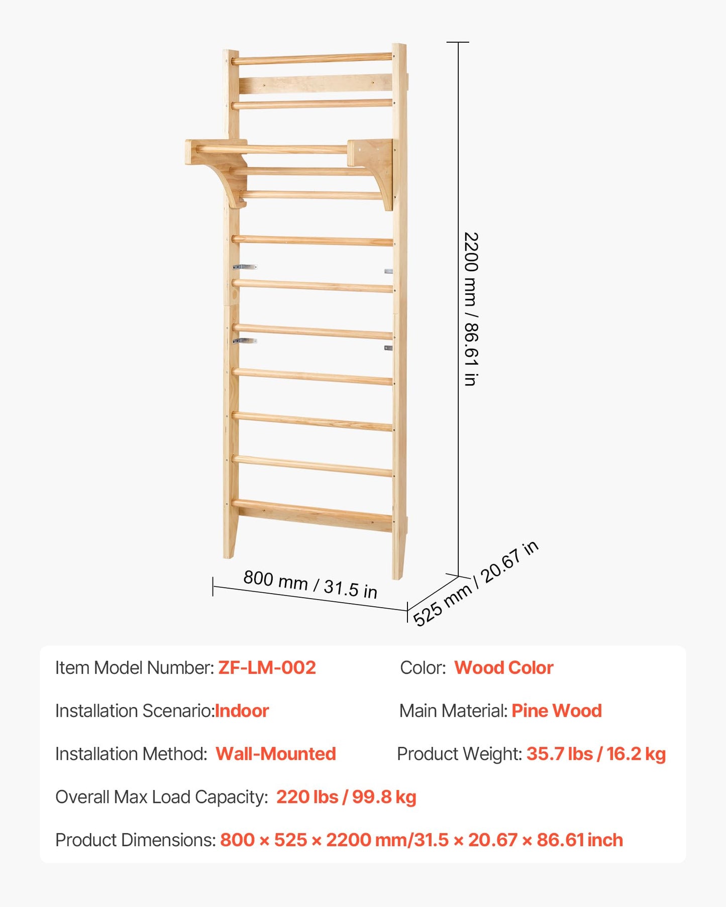 VEVOR Swedish Ladder Wall Gym, 10-Level Solid Wood Indoor Jungle Gym, 220lbs Loading Indoor Playground Climbing Ladder for Kid Adults, Gymnastic Stall Bars with Pull-Up Bar - Ideal Gift for Boys Girls