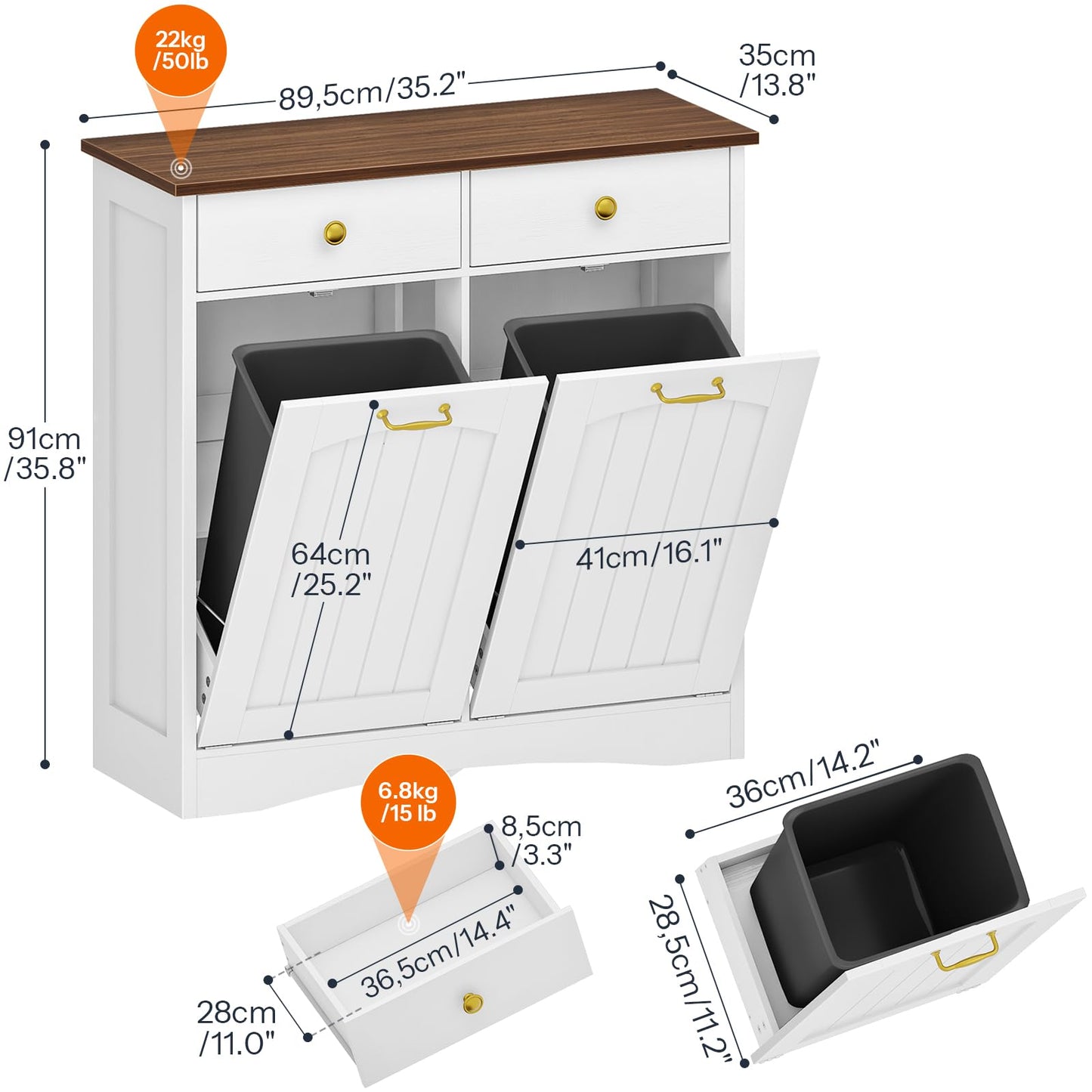 HOOBRO Double Tilt Out Trash Can Cabinet, Hidden Trash Bin Storage with 2 Drawers, Freestanding Kitchen Island Cabinet, for Kitchen, Laundry Room, White and Walnut WH22LJ01US