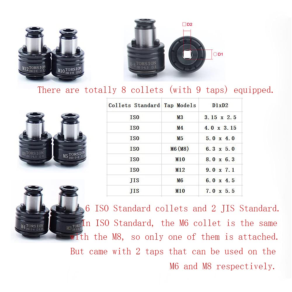 DEJUN Pneumatic Tapping Machine, 360° Multi-directions Pneumatic Air Tapper Universal Flexible Arm Drilling Threading Machine M3-M12 Tap Collets with Taps