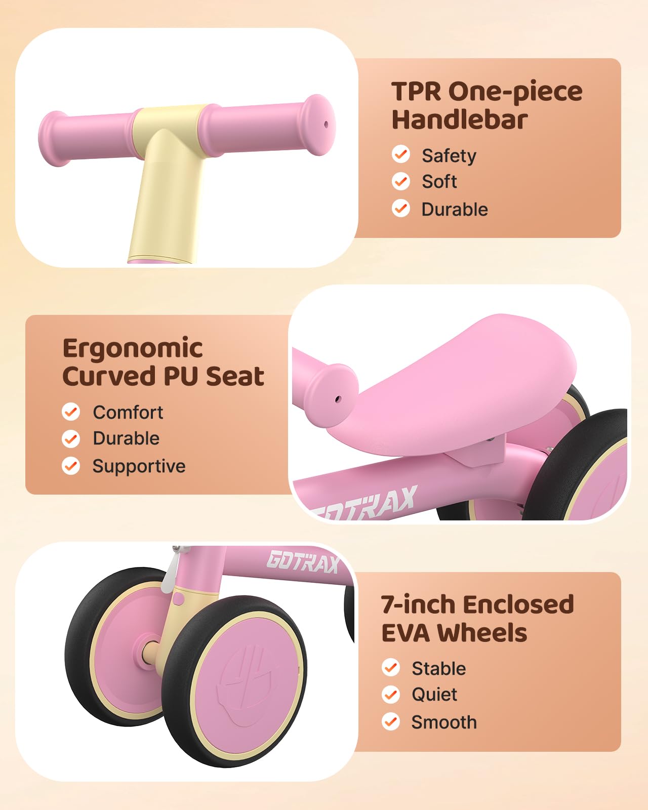Gotrax Baby Balance Bike 1-2 Years, 7" Front & Rear Silent Wheels, Sturdy Steel Frame 66 lbs Load, Quick 2-Min Assembly, CPC Certified, Comfortable Soft Seat, Toddler Birthday Gift for Boys&Girls Pink