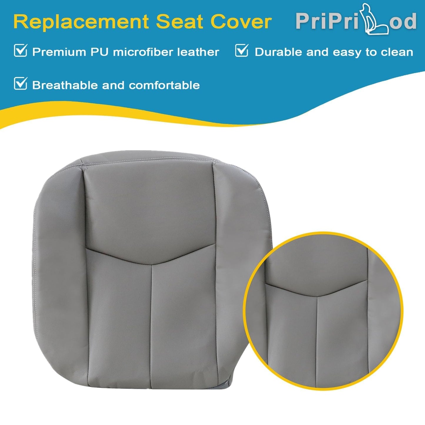 Priprilod # 922 Gray Leather Driver and Passenger Bottom and Top Lean Back and Armrests and Foam Cushion Fit for Chevy Silverado Tahoe Suburban Avalanche GMC Sierra Yukon XL 2003 2004 2005 2006