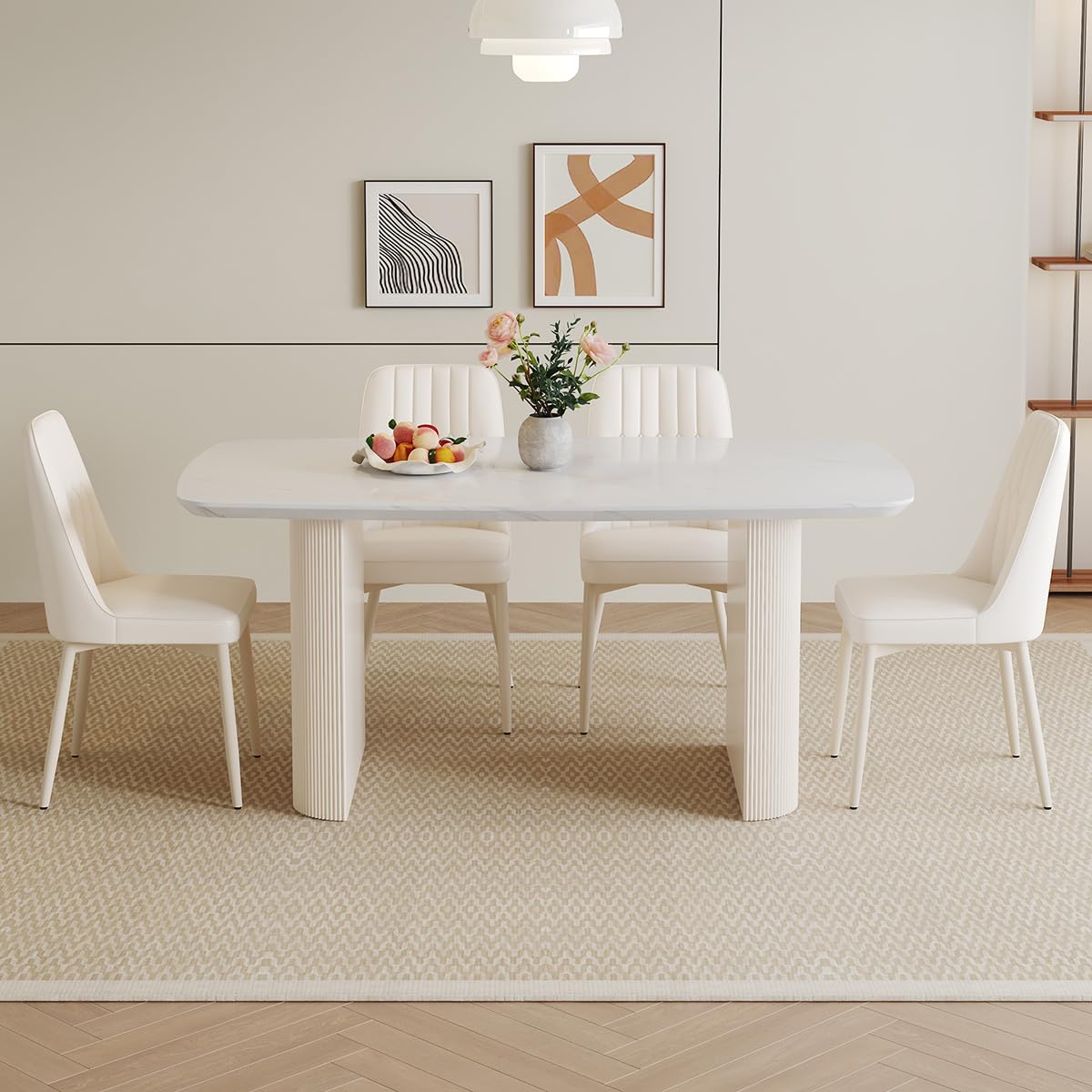 Ebullient 67'' White Dining Table Set for 4, Kitchen Table Chairs Set with Sleek Ripple Pedestal Base, Modern Dining Table Set with 4 Metal Leg Chairs, Ideal for Dining Room, Living Room, Saving Space