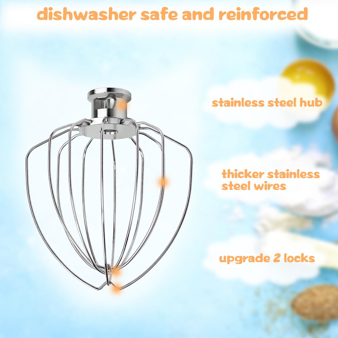 K45WW Wire Whip Stainless Steel Whisk Replacement Attachment for KitchenAid Tilt-Head Stand Mixer, for Egg Heavy Cream Cakes Mayonnaise, Dishwasher Safe