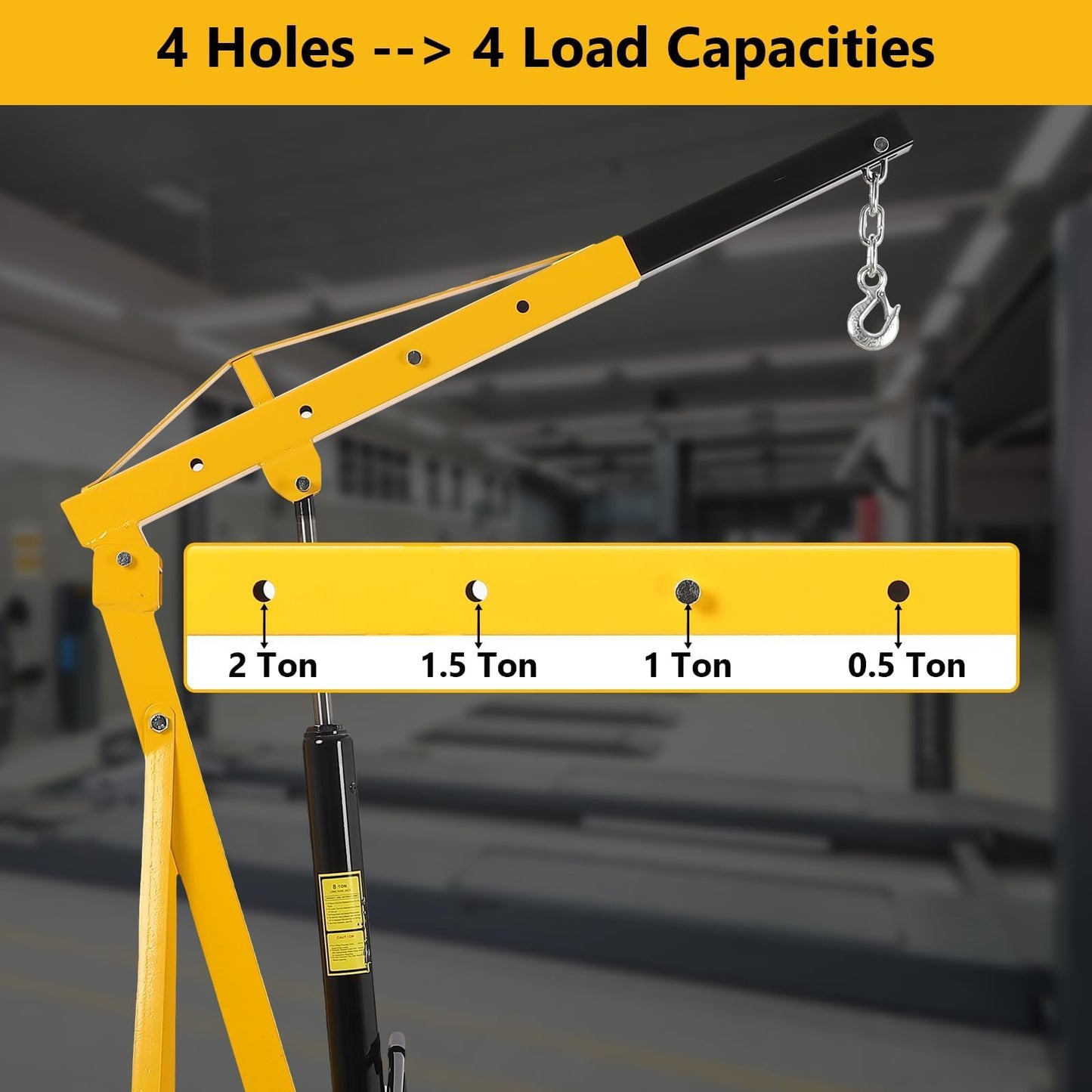 2 Ton Hydraulic Engine Hoist, 4400LBS Heavy Duty Cherry Picker Engine Hoist Lift with 6 Casters, Folding Crane Lifter with Telescopic Boom, for Workshop, Warehouse, Yellow