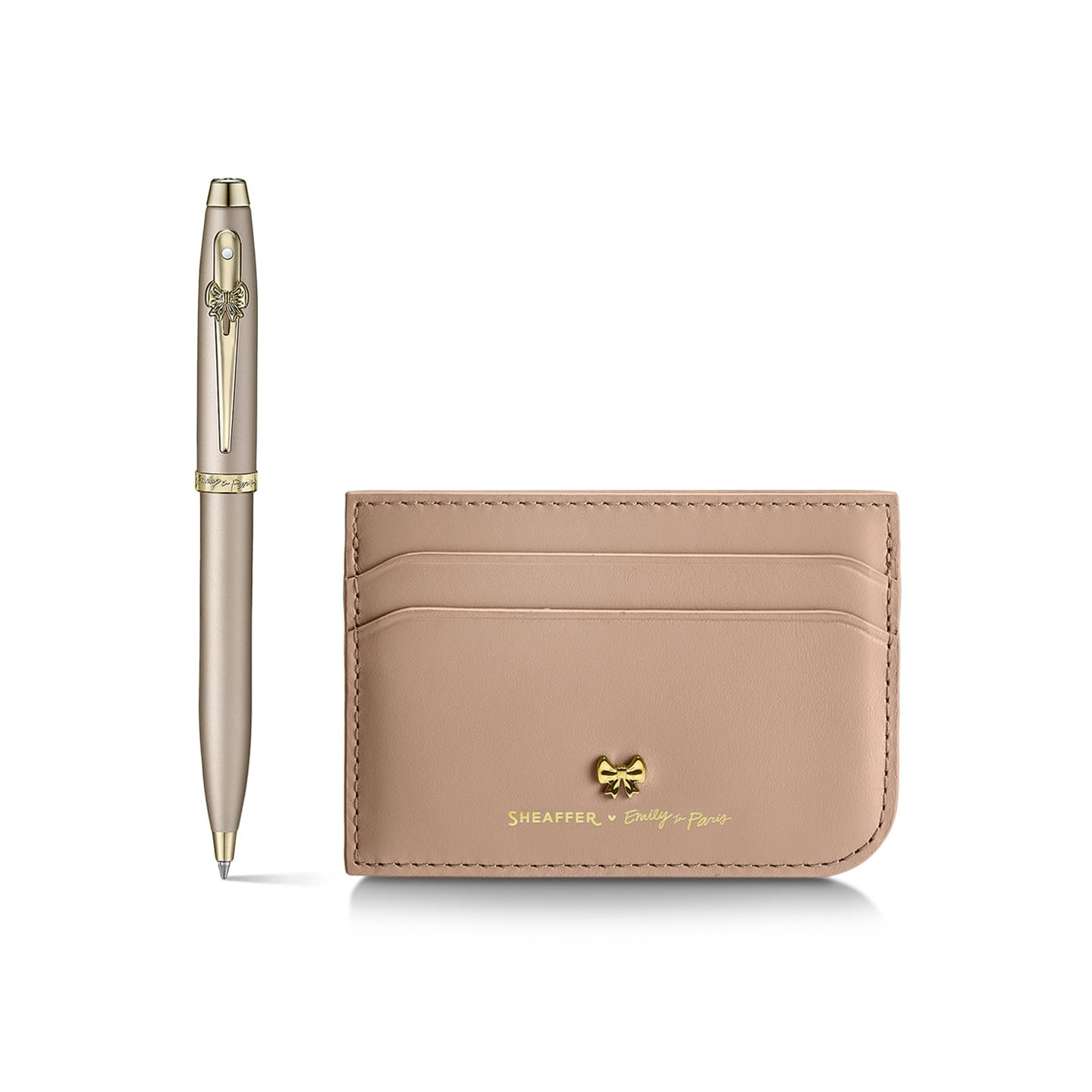 Sheaffer 100 Emily in Paris 9377 Collection, Champagne Gold Pen with PVD Gold Trims, Bow-Shaped Clip (Ballpoint Pen and Full-Grain Credit Card Holder - RFID protection with 4 card slots)