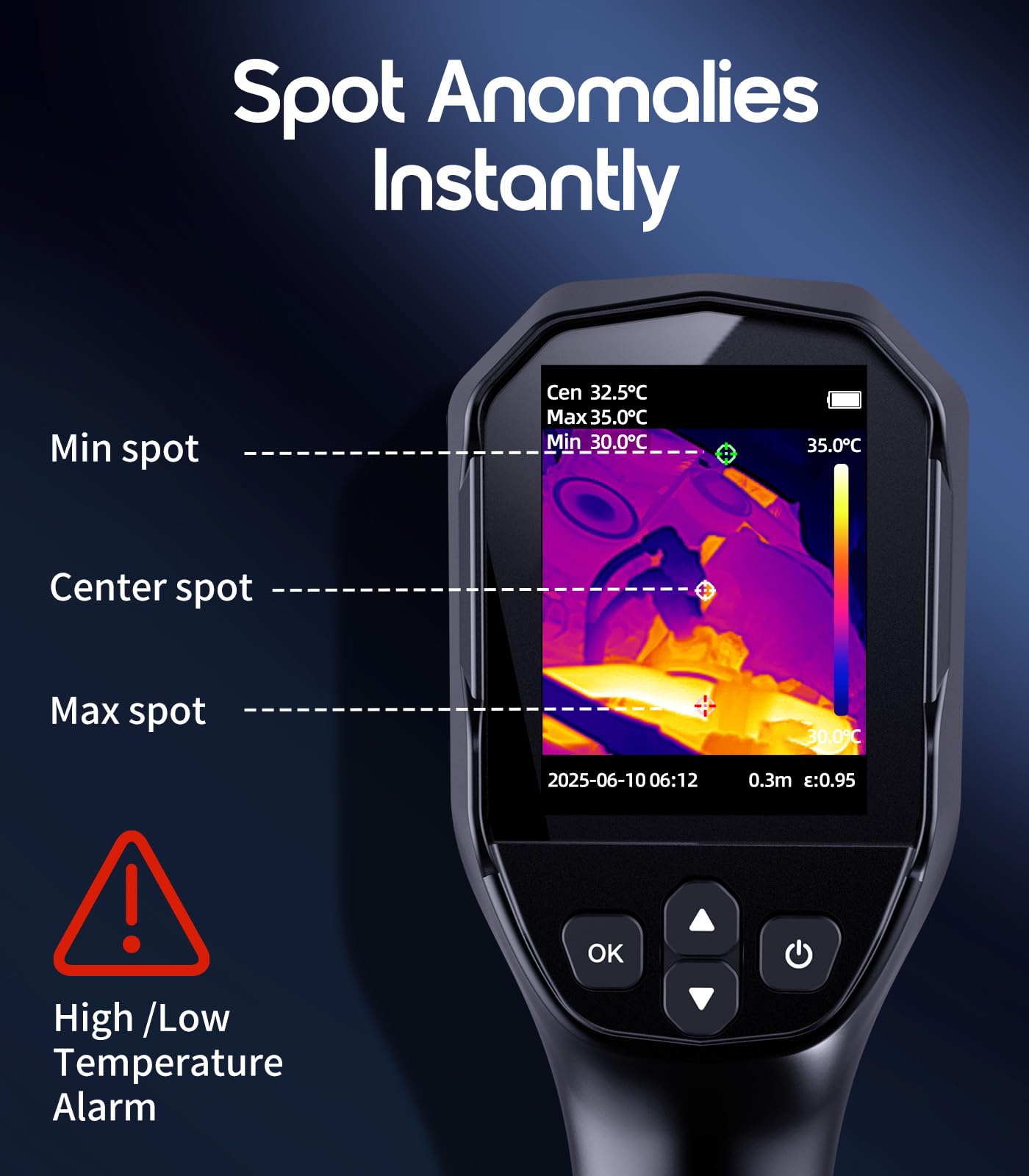 Flagfront Thermal Camera, 240 x 240 TISR Resolution, -4°F to 1022°F Temp Range, 25Hz Infrared Camera with Temperature Alarm, 50°FOV Handheld Thermal Imaging Camera