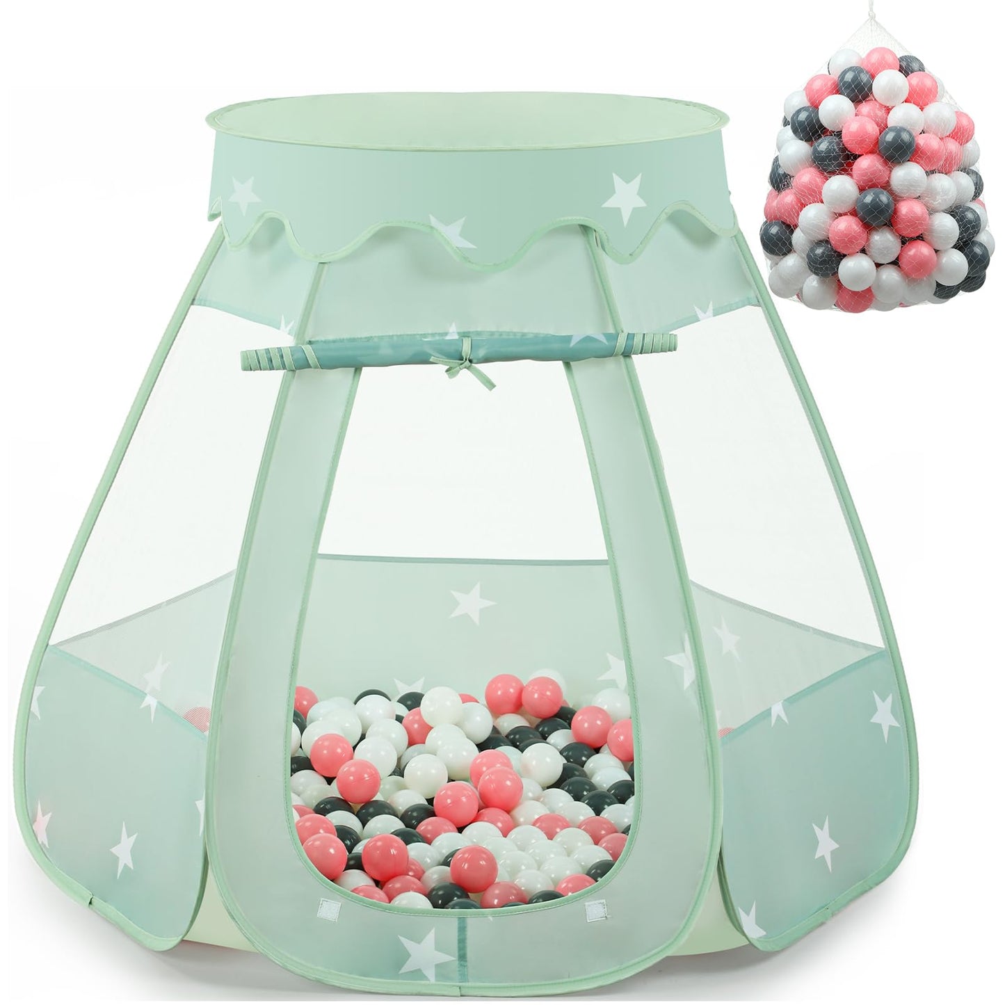 Wilhunter Baby Ball Pit for Toddler with 150 Balls, Kids Pop Up Play Tent for Girls, Princess Toys for Children Indoor & Outdoor Playhouse with Carry Bag (Celadon: Pink/White/Gray, 109x90cm/150 Balls)