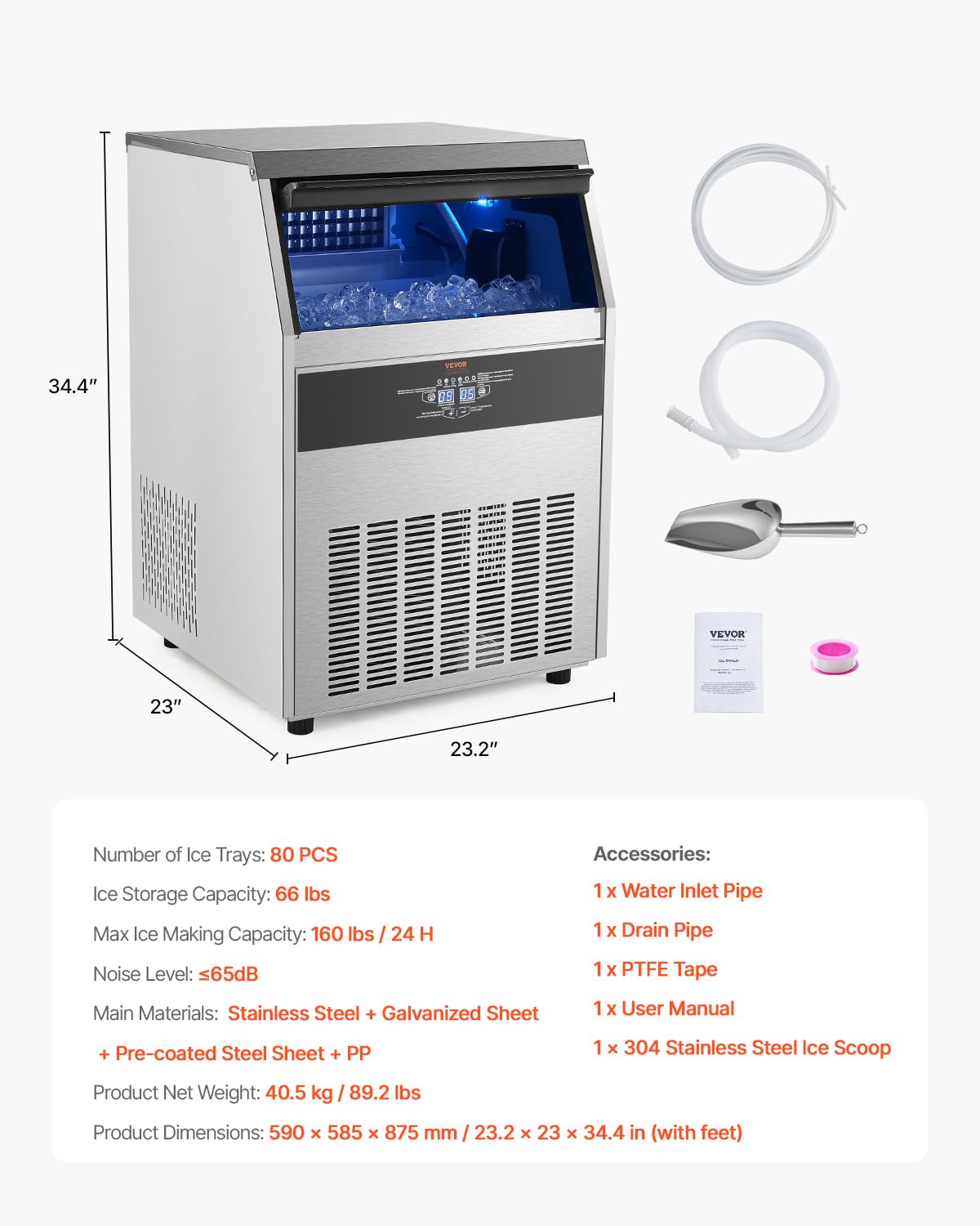 VEVOR 160lbs/24H Commercial Ice Maker Machine with Drain Pump, 66lbs Storage Capacity Ice Maker, 80 Ice Cubes in 15 Minutes, LED Digital Display Freestanding Self-Cleaning for Bar Office Restaurant