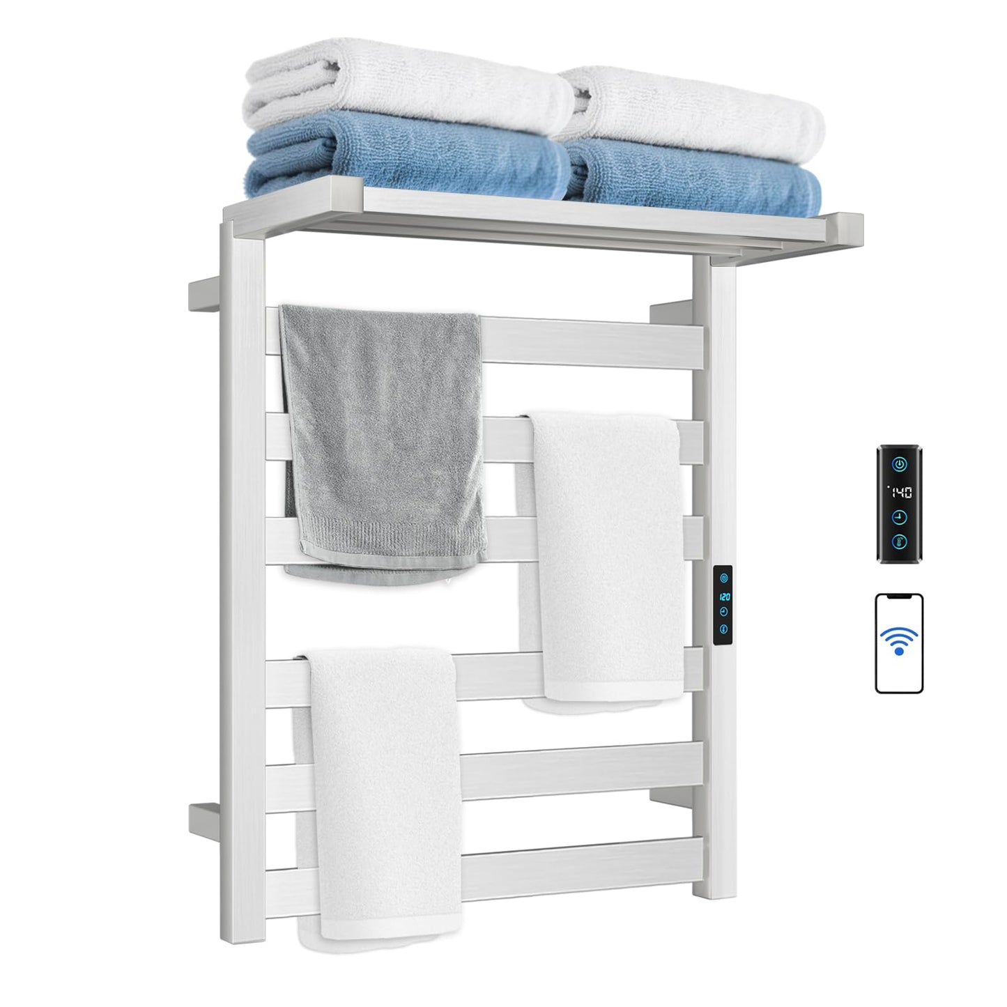 WiFi Heated Towel Rack Wall Mounted, Electric Towel Warmer with Foldable Bracket, Stainless Steel, LED Built-in Timer, Plug-in, Temperature & Timing Control, 6 Bars, Nickel Silver