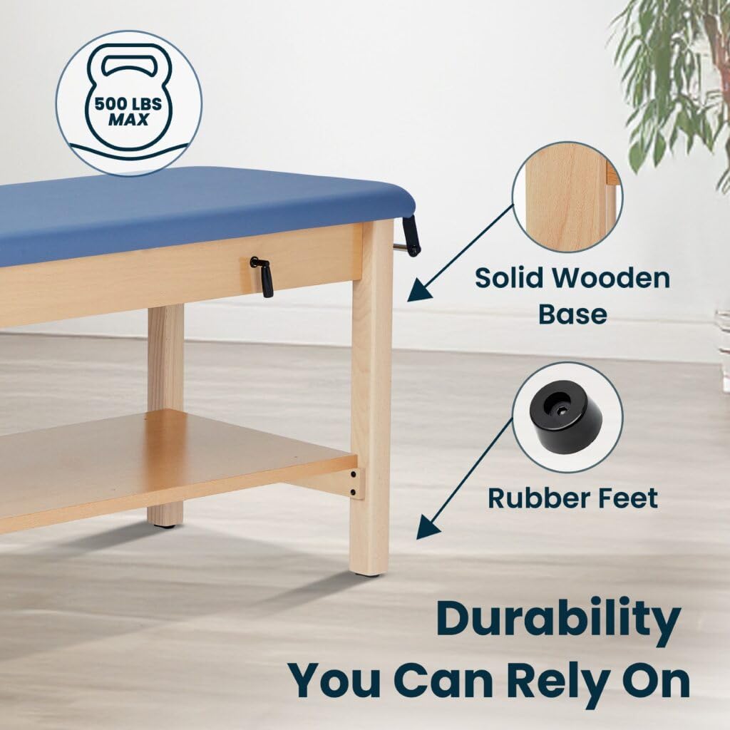 Vivacomfort Aristo H-Brace Wooden Flat Treatment Table with Shelf, 500 lbs Weight Capacity, Blue