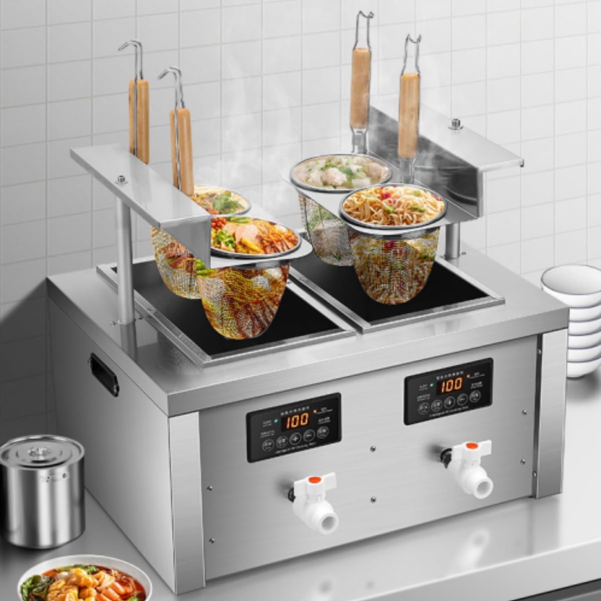 Koalalko Auto-lift Commercial Pasta Cooker with Timer, Noodle Cooking Machine with 2 Drainage,Macaroni Vegetable Dumpling Cooker,Boiler For Spaghetti Ramen,Temperature Adjustable (4 holes)