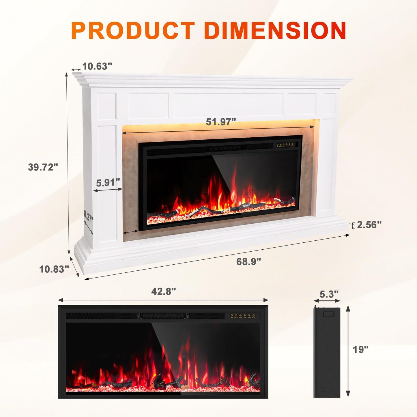 Electric Fireplace Mantel with Grey Marble Finish, 69” Fireplace TV Stand with 42”Electric Fireplace Heater, Remote Control, Adjustable Led Flame, Corner Fireplace for Living Room, Bedroom, White
