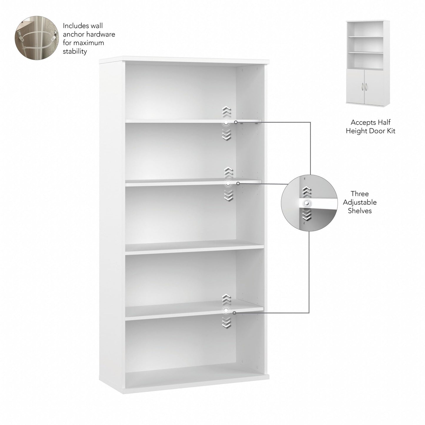 Bush Furniture Studio C Tall 5 Shelf Bookcase in White, Large Bookshelf for Home or Professional Office
