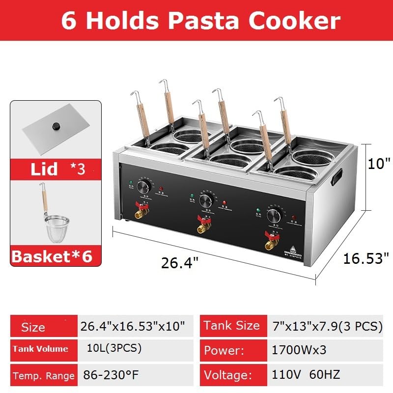 Koalalko Commercial Pasta Cooker with Drain Valve 3 Independent Tank 6 Pasta Strainers Noodle Cooking Machine Pasta Makers Boiler Temperature Adjustable Boiler For Spaghetti Ramen 110V US plug