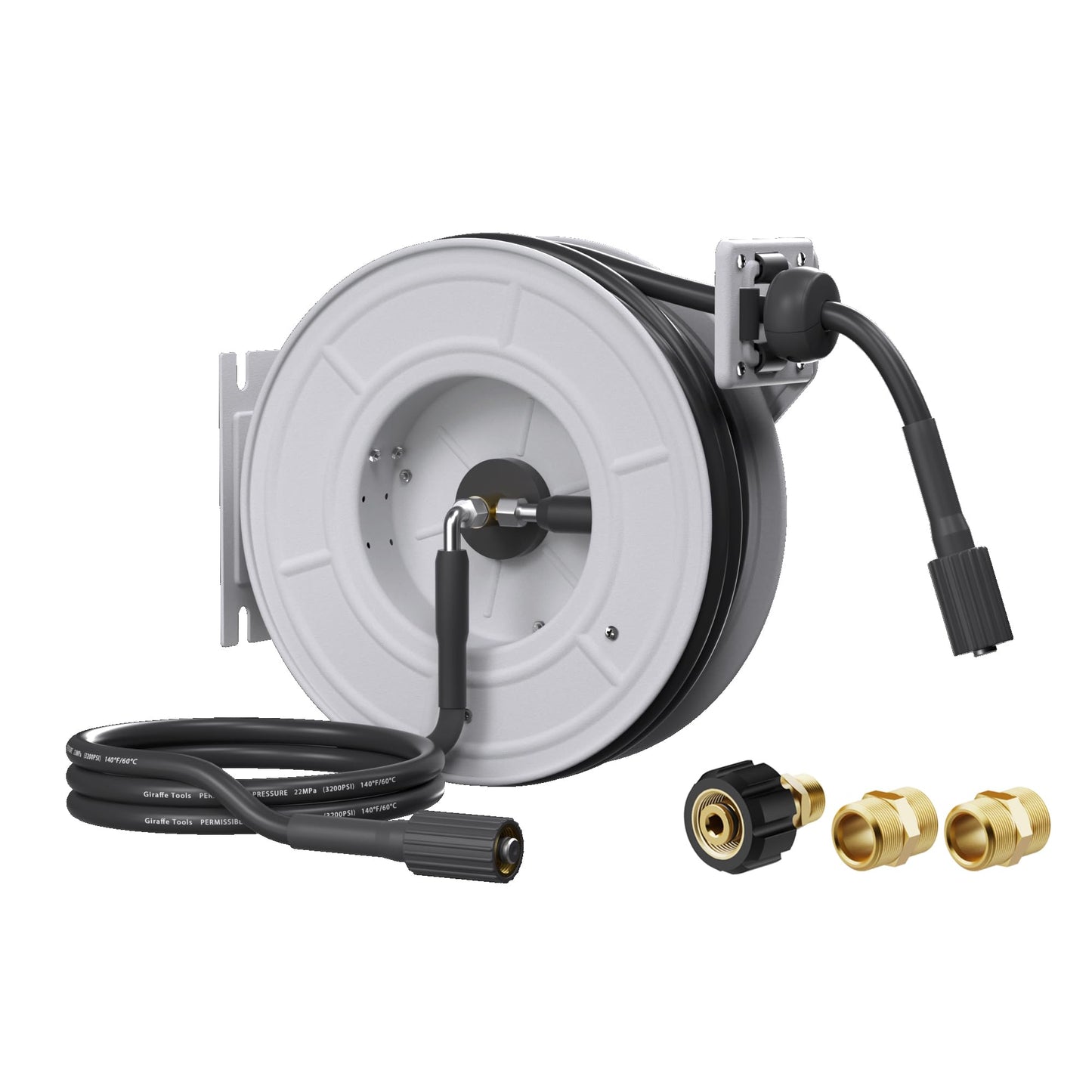 Giraffe Tools Pressure Washer Hose Reel 65ft, Power Washer Hose Reel, Pressure Washer Retractable Hose Reel, Heavy Duty, Replaceable Hoses, Wall/Floor Mounted, 3200 PSI, Silver