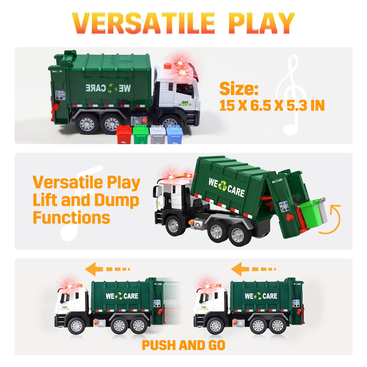 Garbage Truck Toy, Large Friction Powered Trash Truck Toy with Light and Sounds, 4 Trash Bins and Learning Cards for Kids