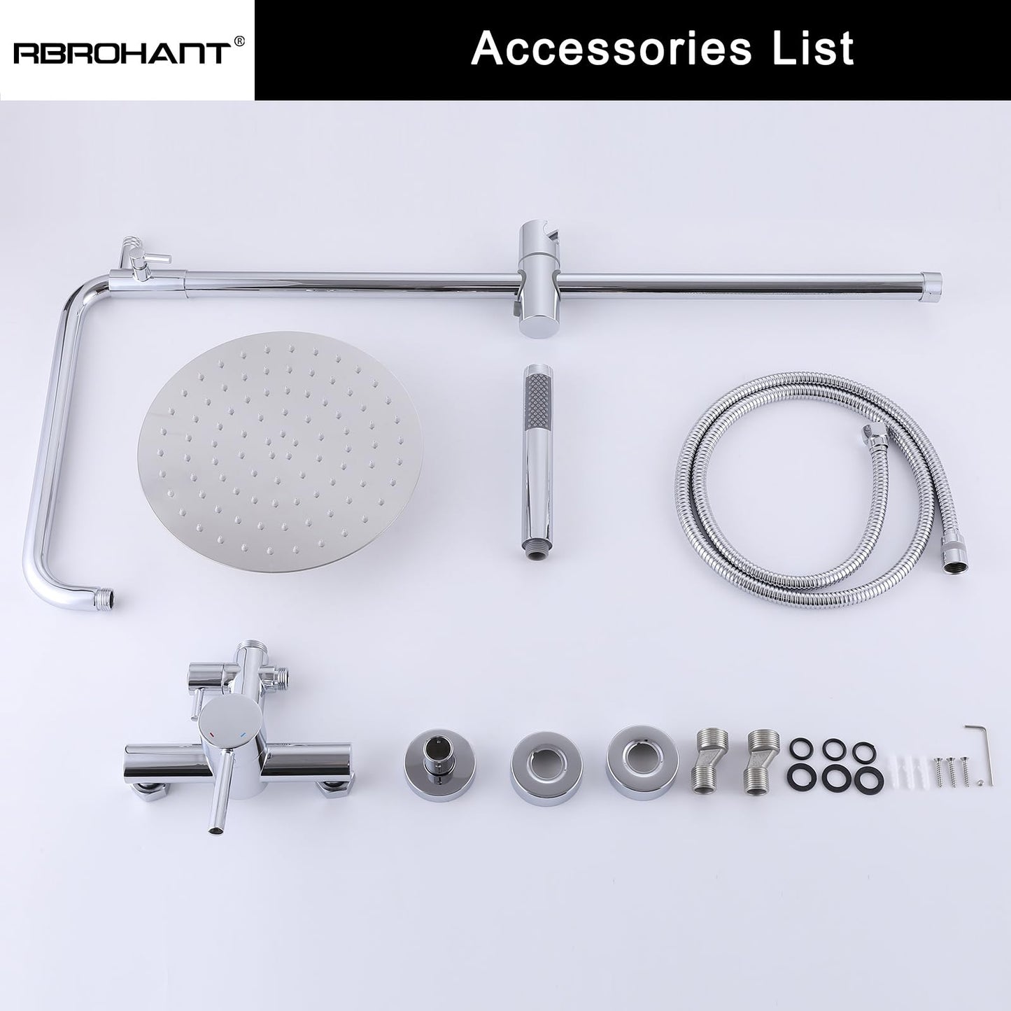 RBROHANT Outdoor Shower, Wall Mount Outdoor Shower Kit, Outside Shower Faucet with Height Adjustable Rain Shower and Handheld, Exposed Shower System for Pool, Wall Mounted, Polished Chrome, JK0146