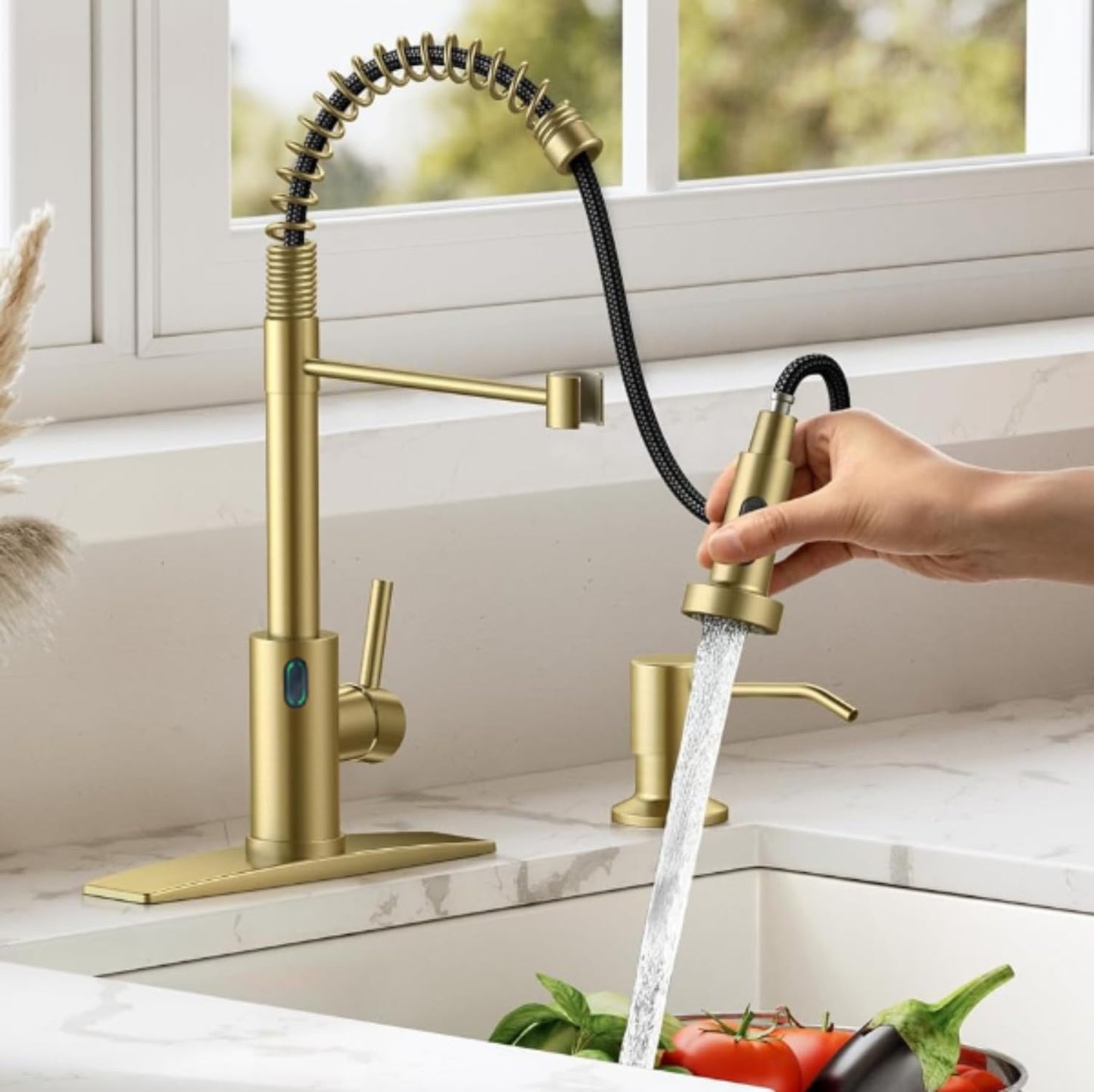 VIDEC Touch-Less Kitchen Faucet, 3 Modes Pull Down Sprayer, Sensor Activated, LED Temperature Control, 360-Degree Rotation, 1 or 3 Hole Deck Plate. 10-Year Warranty.(Matte Gold, KW-79J)