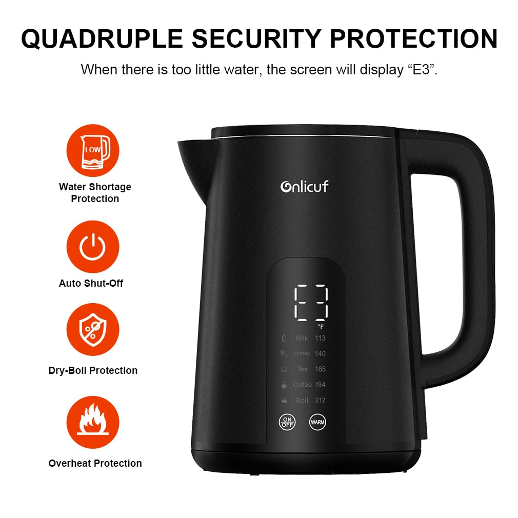 Onlicuf Electric Tea Kettle with Double Wall Cool Touch，1.7L Water Boiler Heater with Temperature Control，Stainless Steel Boiling Teapot, Digital Touch-Screen, Cordless, BPA-Free, Matte Black