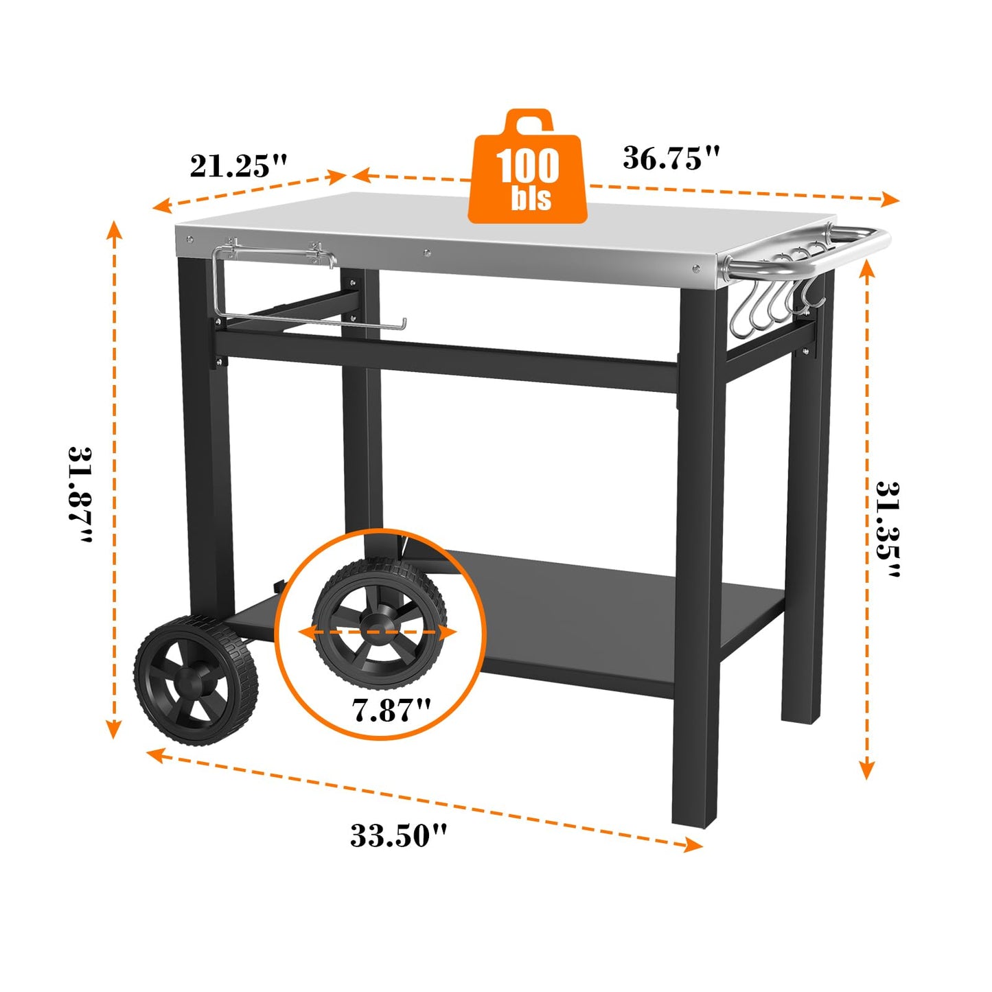 GRILL FORCE Grill Table, Movable Dining Cart, Pizza Oven Table Stand, Double-Shelf Grill Stand, Food Prep and Work Cart with Wheels, Hooks, Fits for Blackstone Ninja