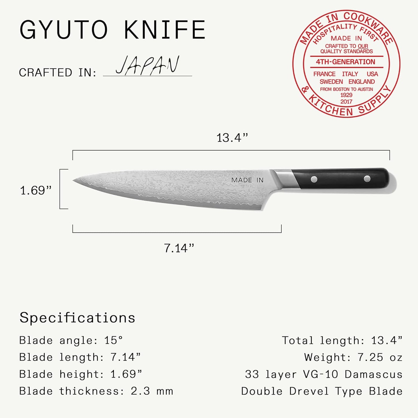 Made In Cookware | 8" Japanese Damascus Steel Gyuto (Chef Knife) | 66 Layers of Damascus Steel with a VG-10 Core | Crafted in Japan | Full Tang With Black POM Handle