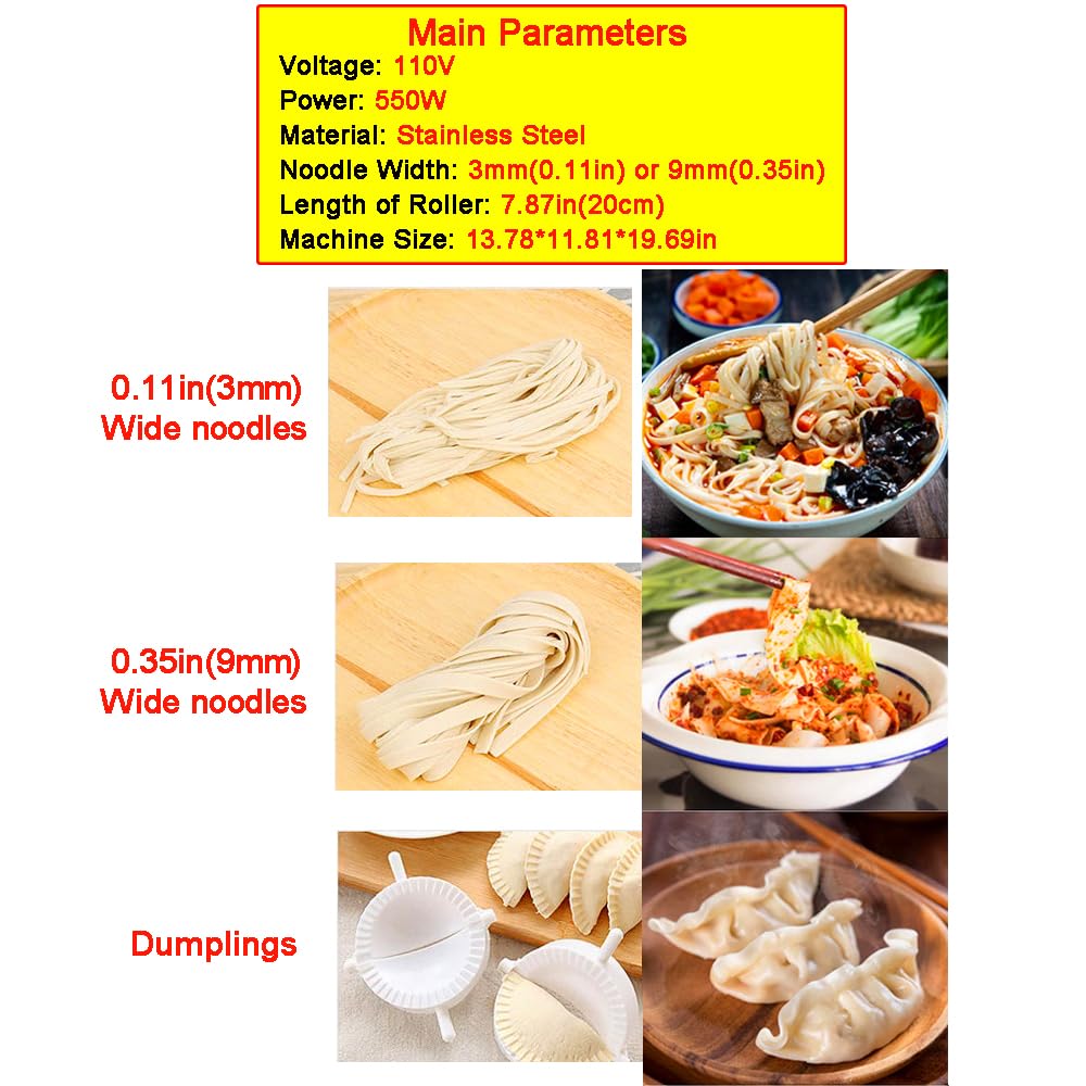 JARYANNIX Electric Pasta Press Maker, Stainless Steel Noodle Making Machine, 3mm and 9mm Wide Knife, Adjustable Width, Automatic Noodle Maker for Home Commercial 110V 550W